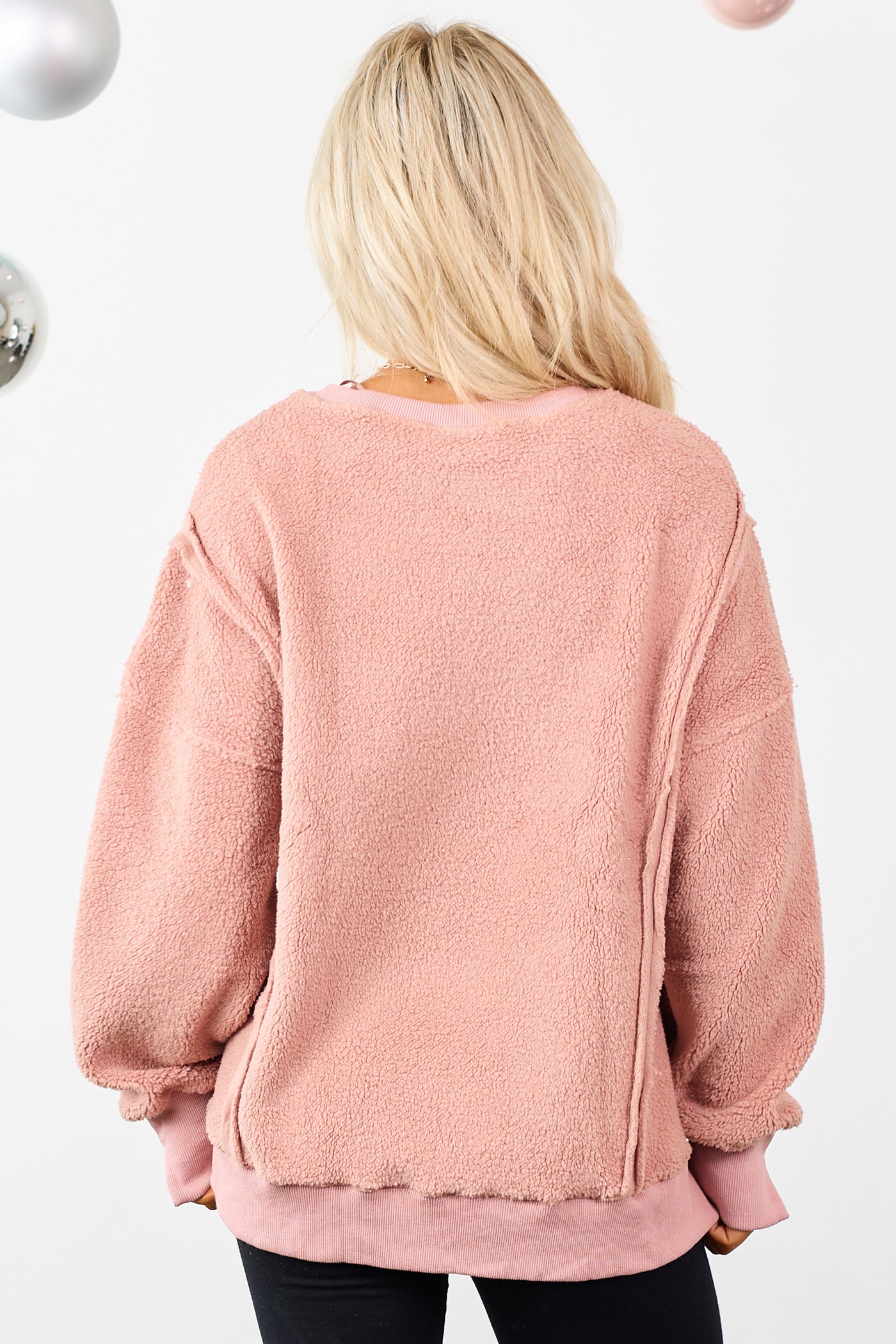 Dusty Rose Hem Slit Exposed Seam Fleece Sweater