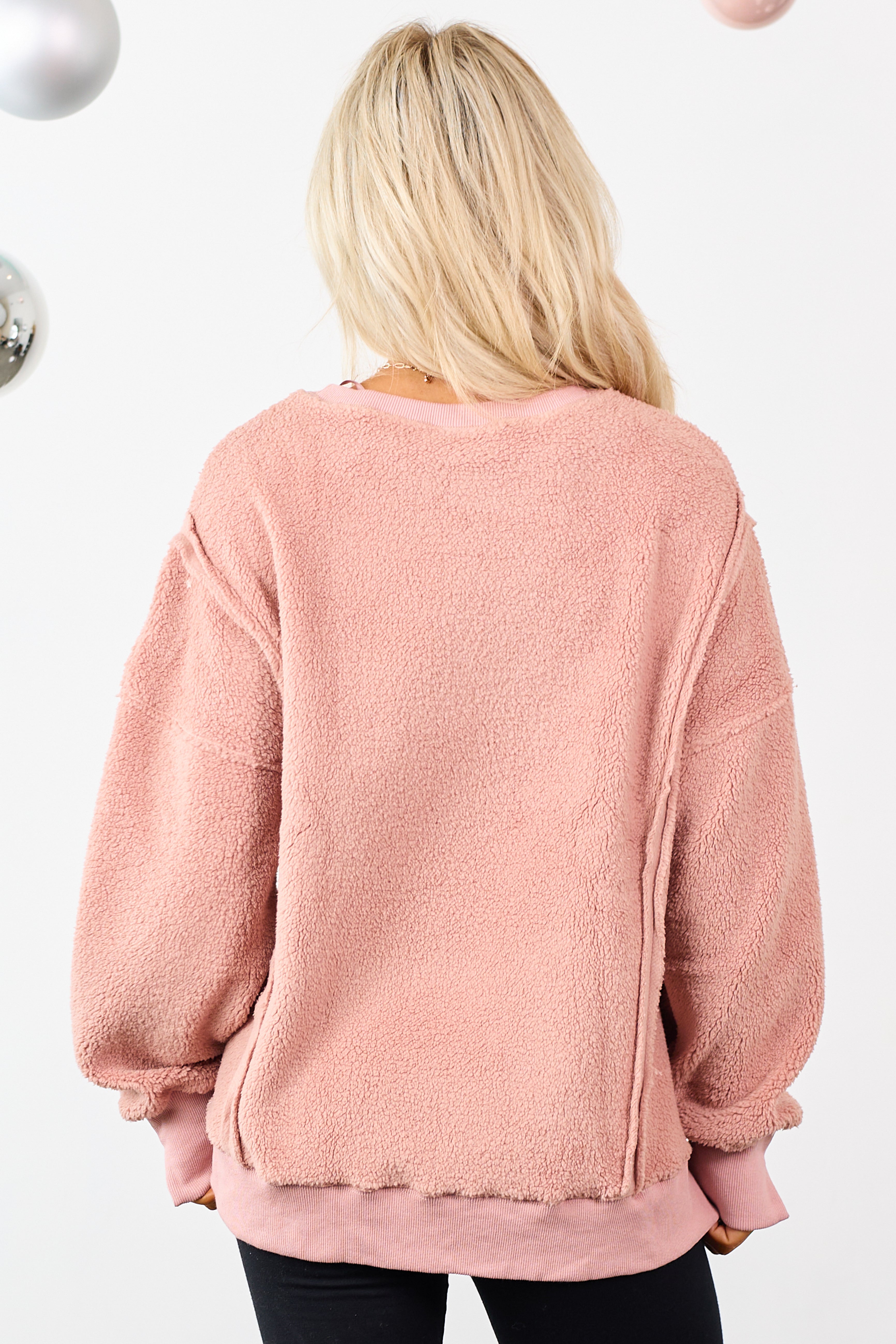 Dusty Rose Hem Slit Exposed Seam Fleece Sweater