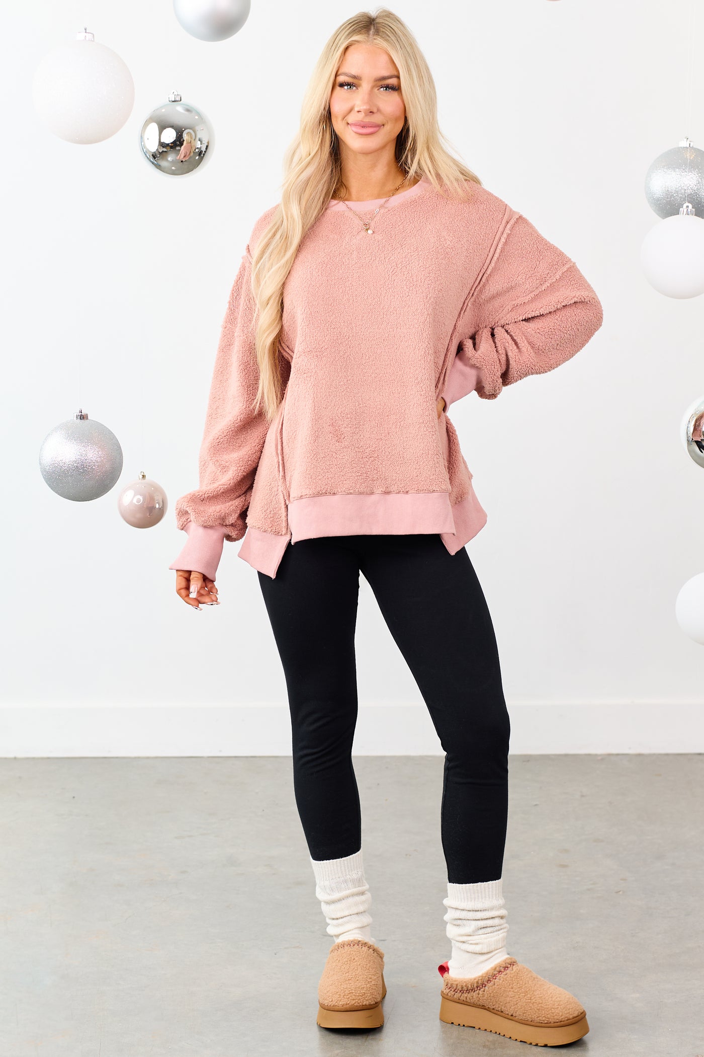 Dusty Rose Hem Slit Exposed Seam Fleece Sweater