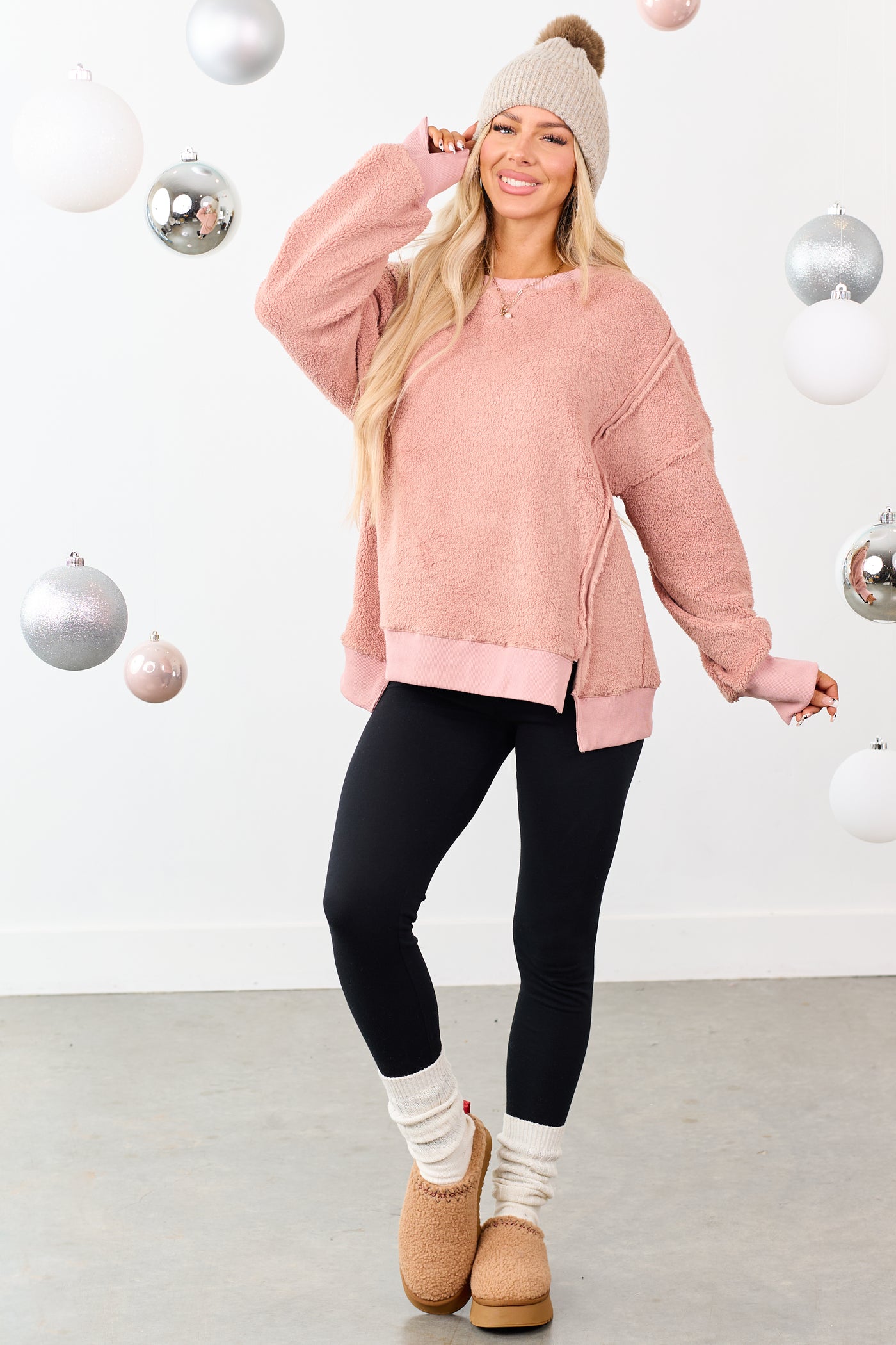 Dusty Rose Hem Slit Exposed Seam Fleece Sweater