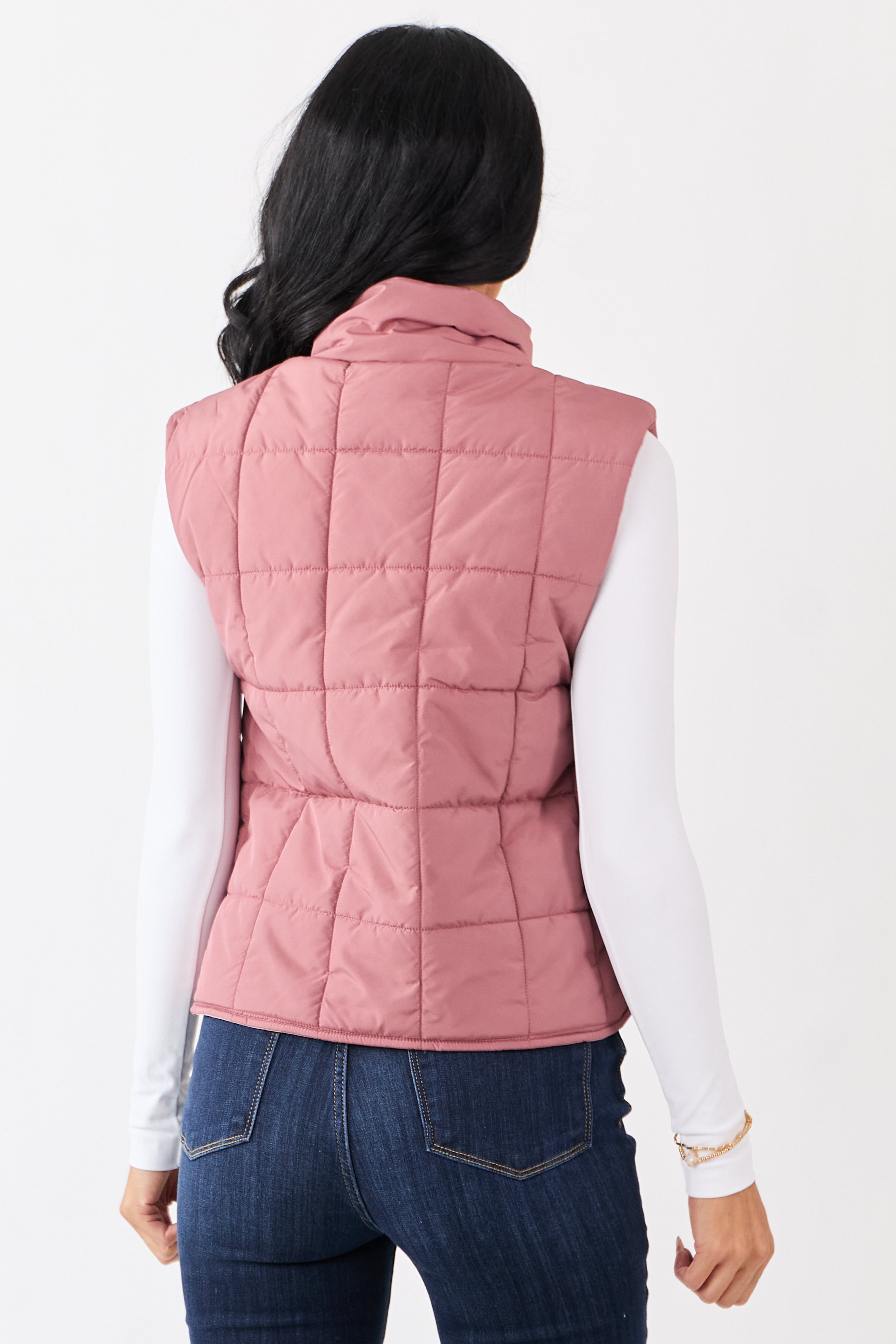 Dusty Rose Mock Neck Zip Up Puffer Vest