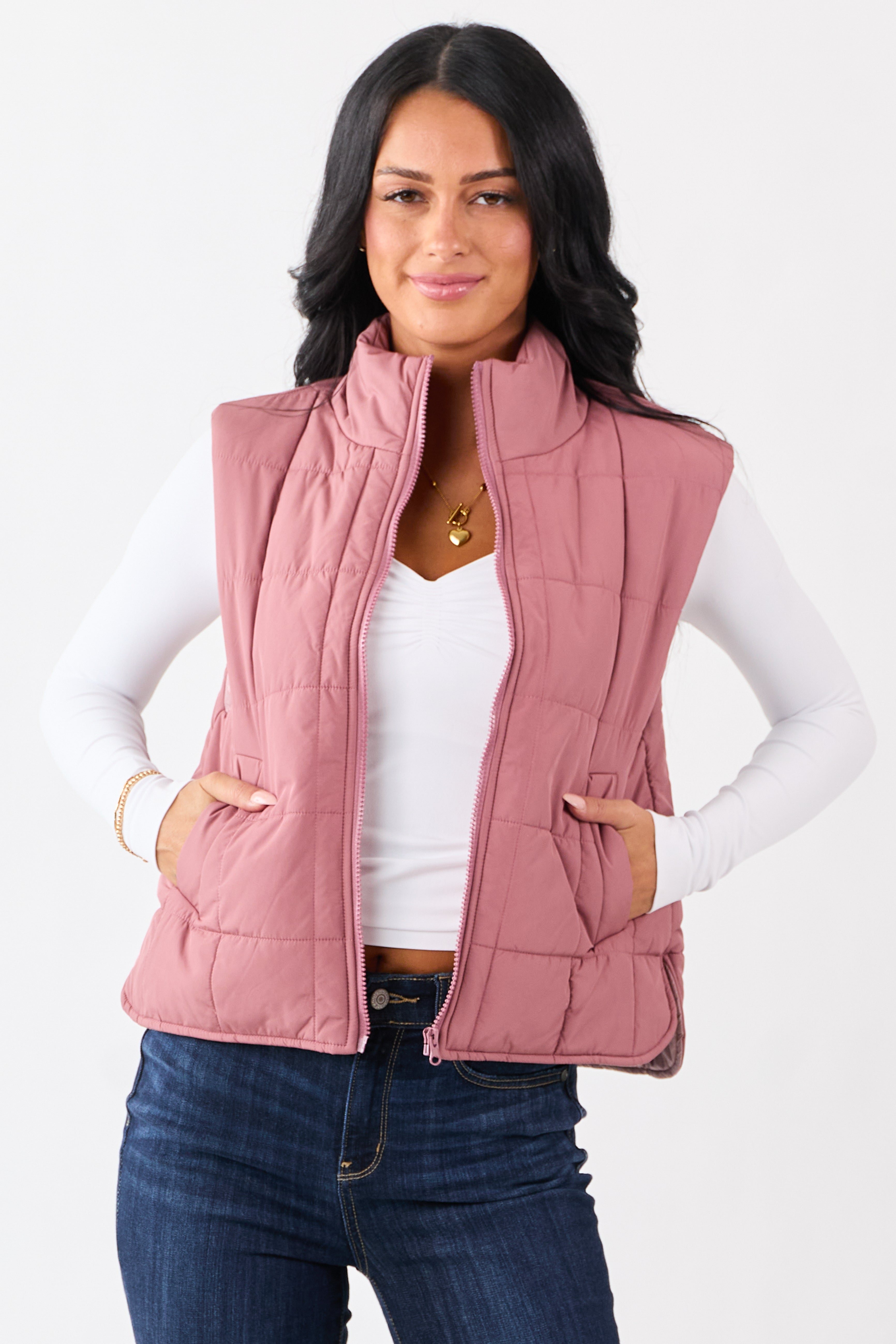 Dusty Rose Mock Neck Zip Up Puffer Vest
