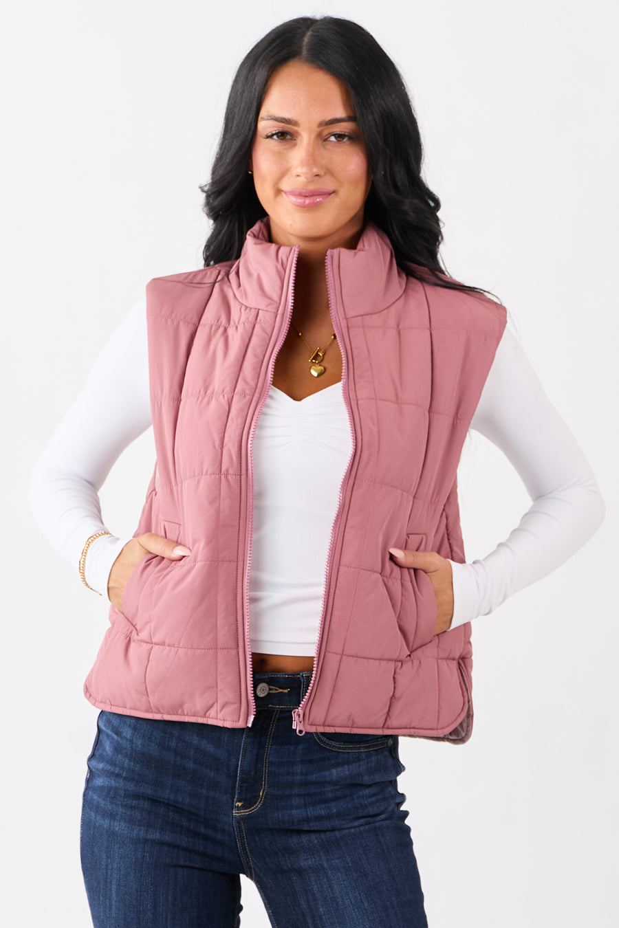 Dusty Rose Mock Neck Zip Up Puffer Vest