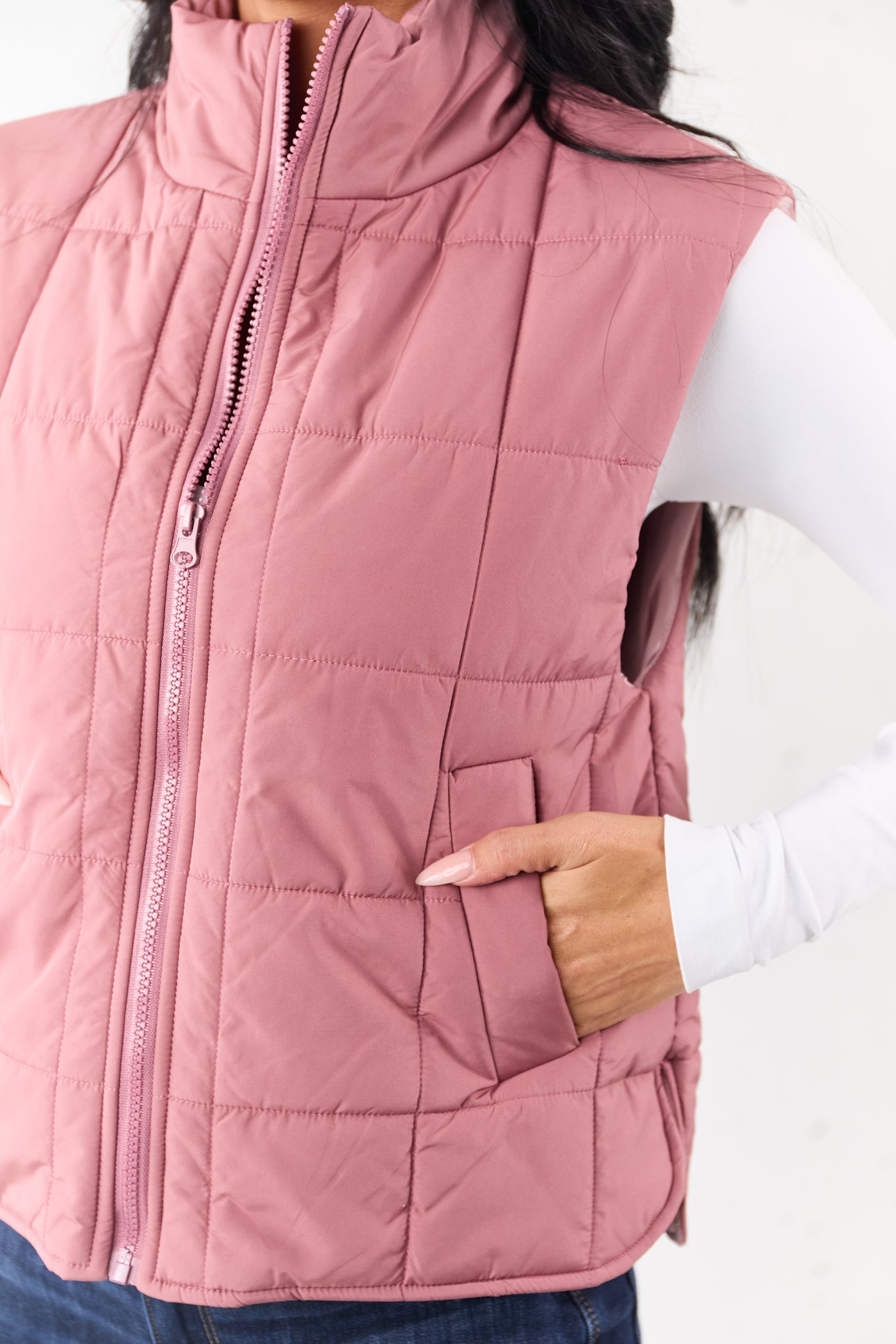 Dusty Rose Mock Neck Zip Up Puffer Vest