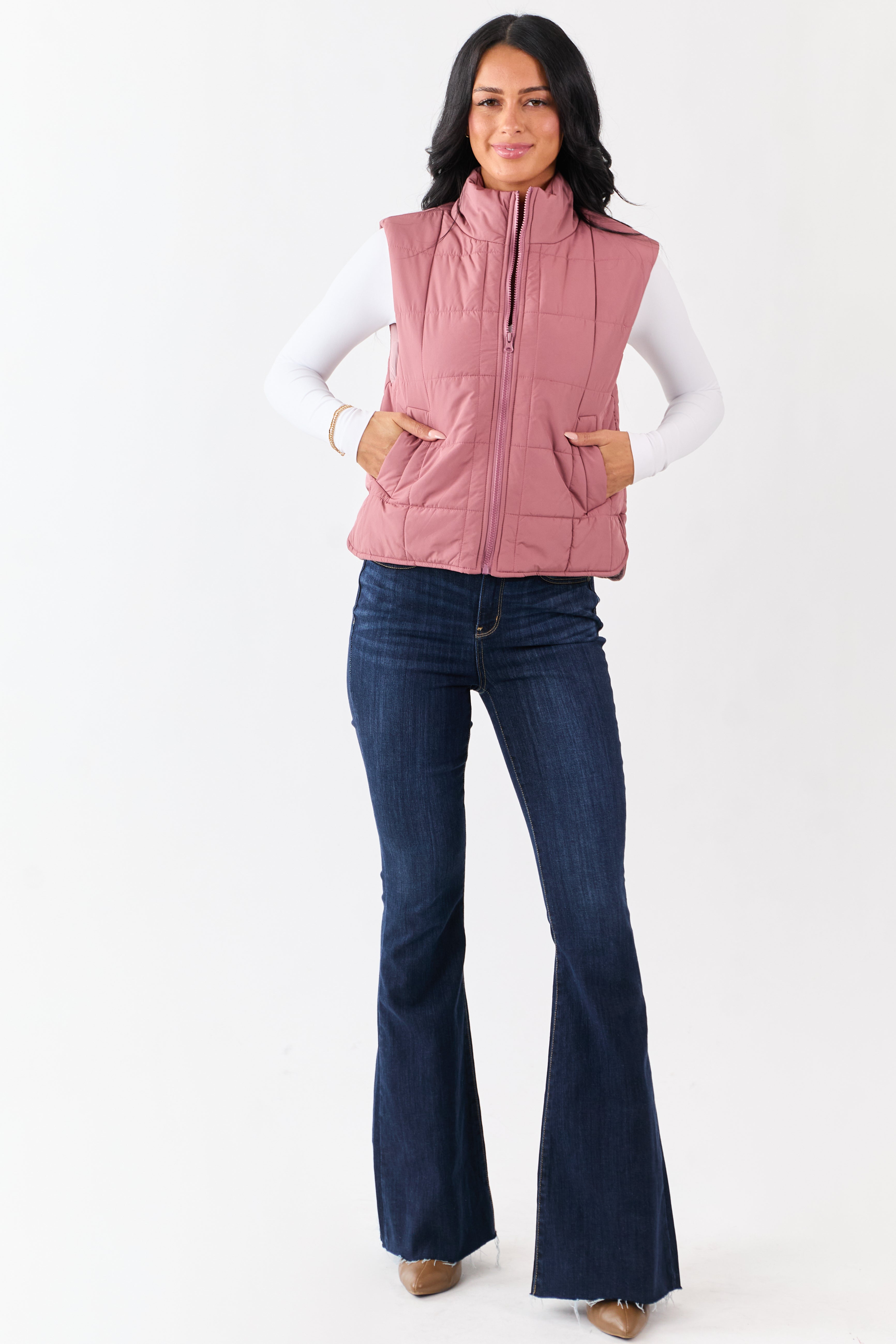 Dusty Rose Mock Neck Zip Up Puffer Vest