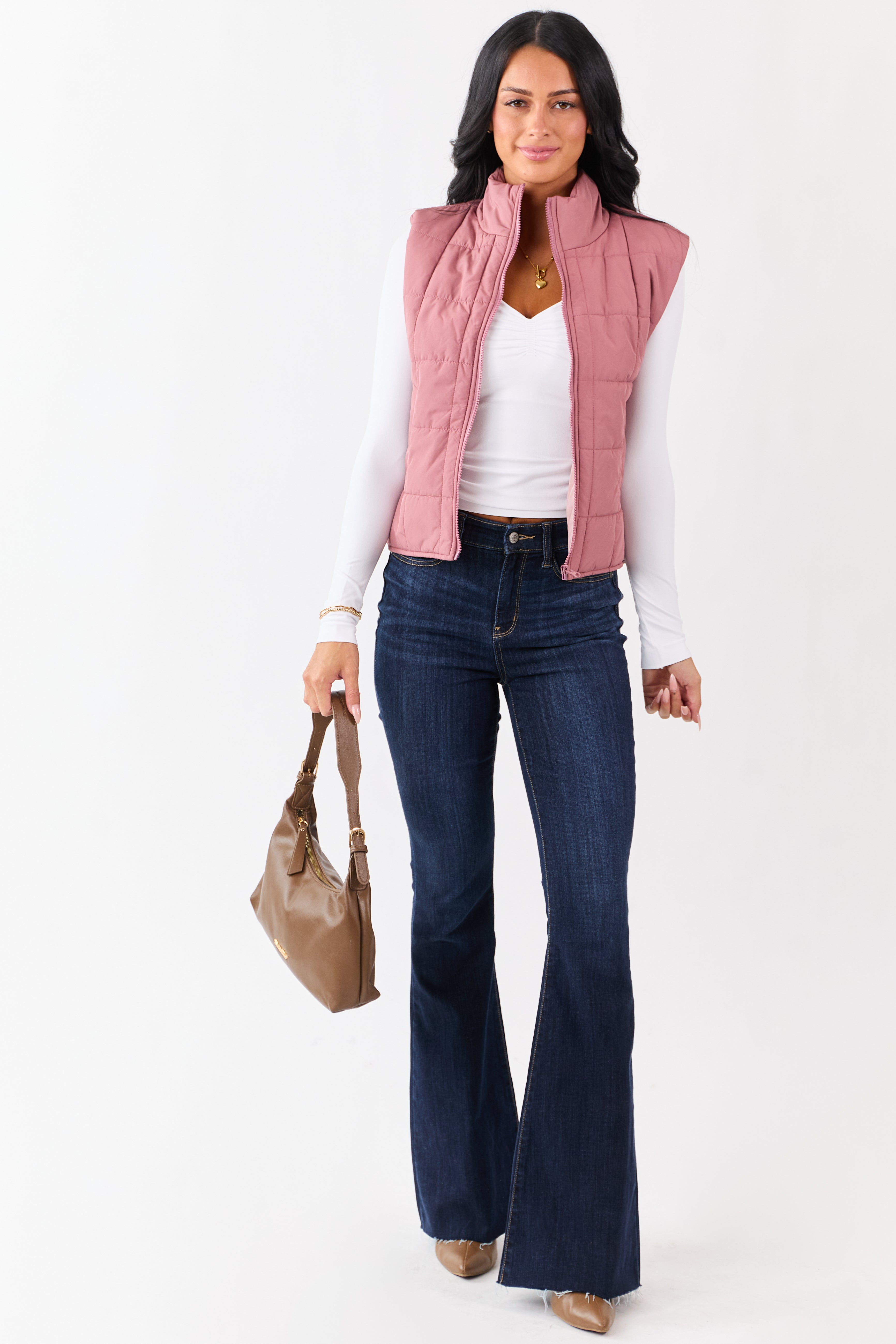 Dusty Rose Mock Neck Zip Up Puffer Vest