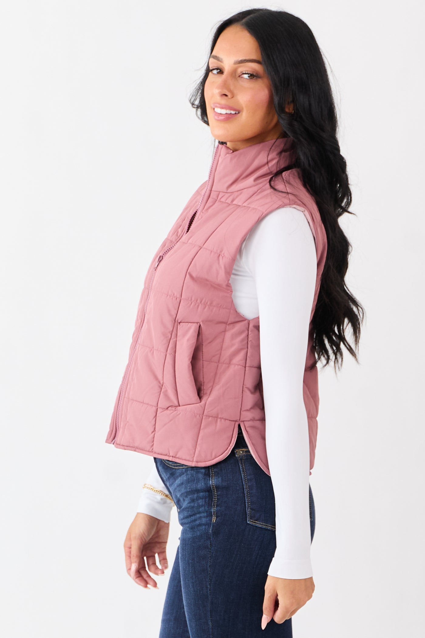 Dusty Rose Mock Neck Zip Up Puffer Vest