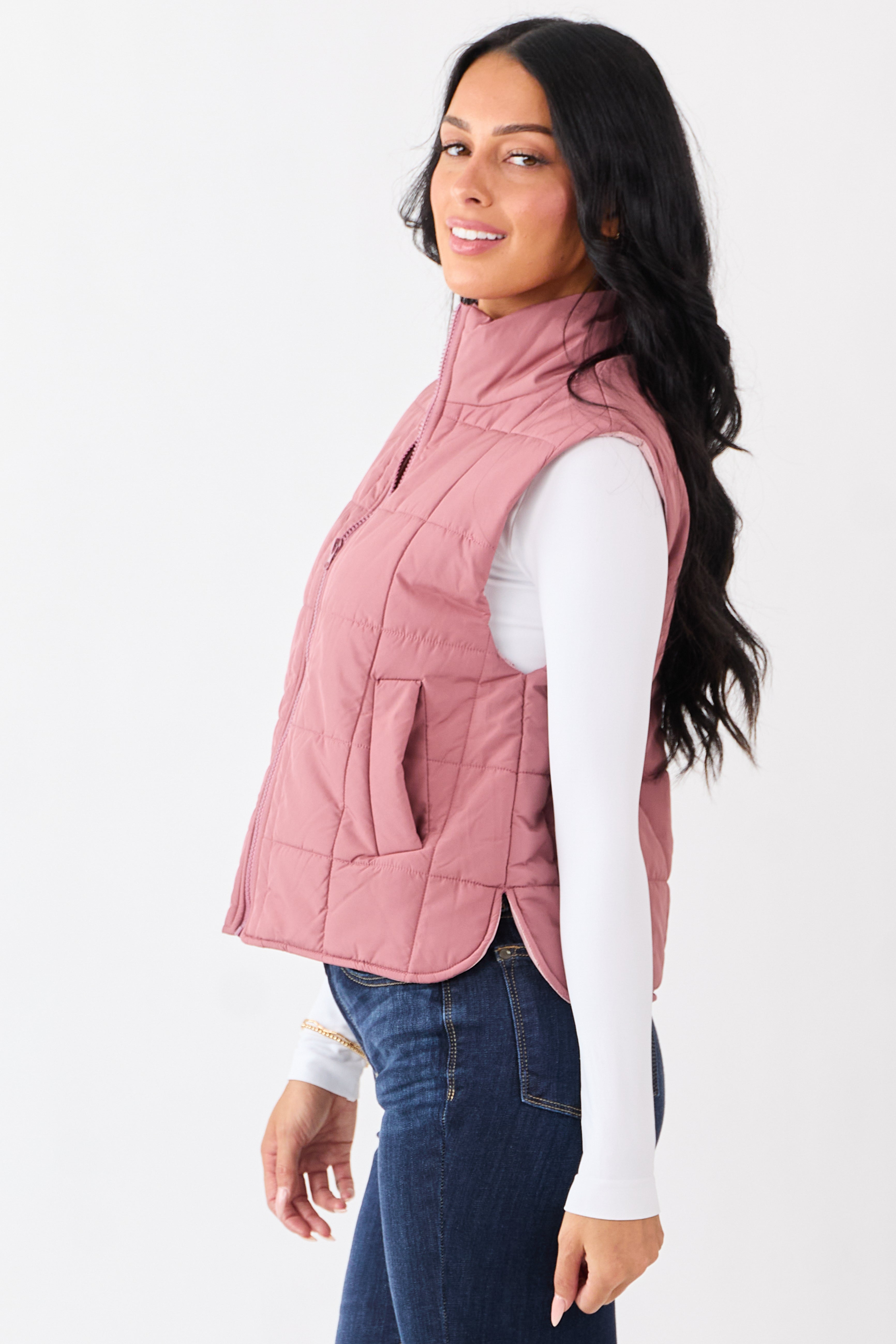 Dusty Rose Mock Neck Zip Up Puffer Vest