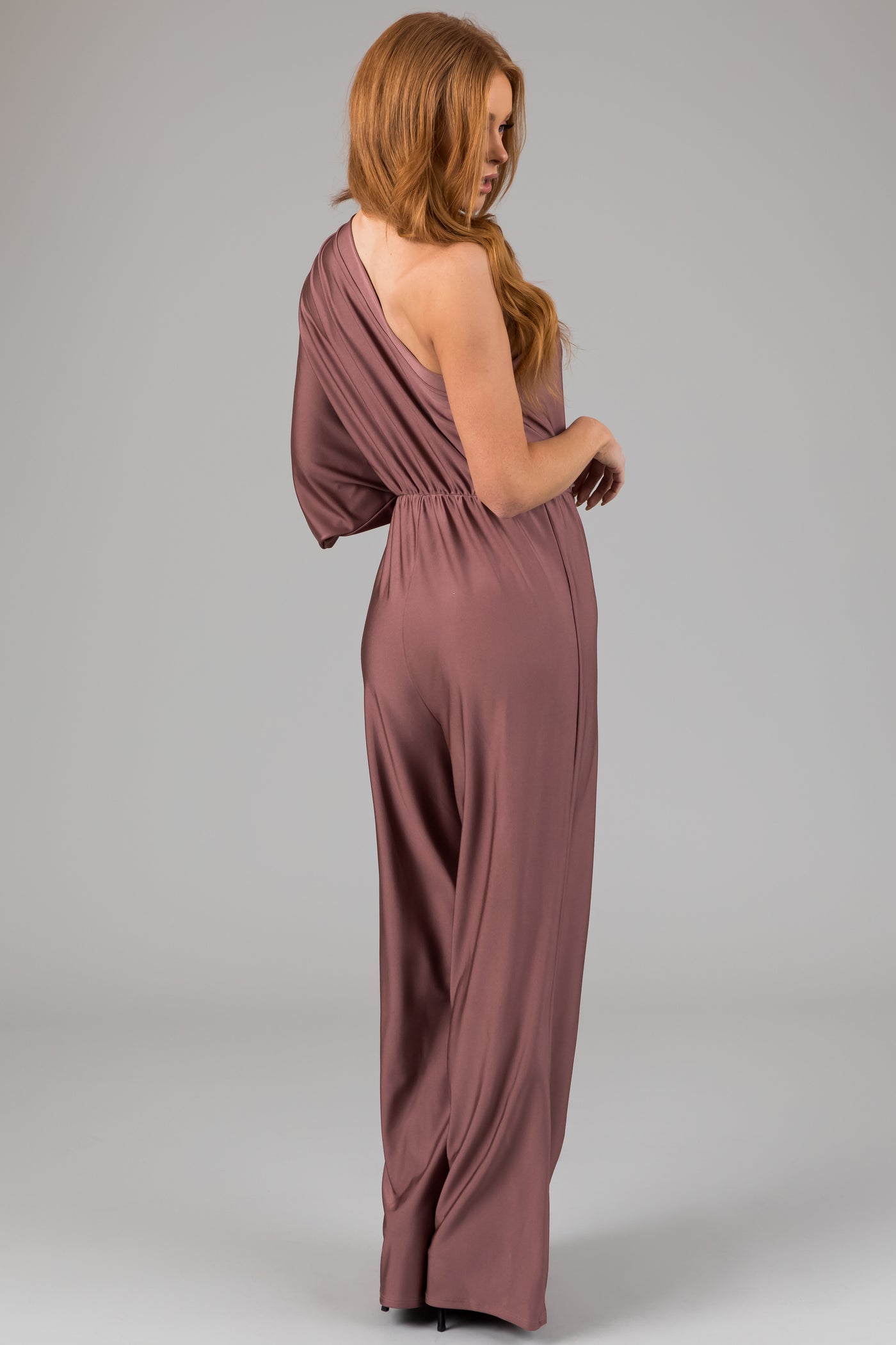 Dusty Rose One Shoulder Elastic Waist Satin Jumpsuit