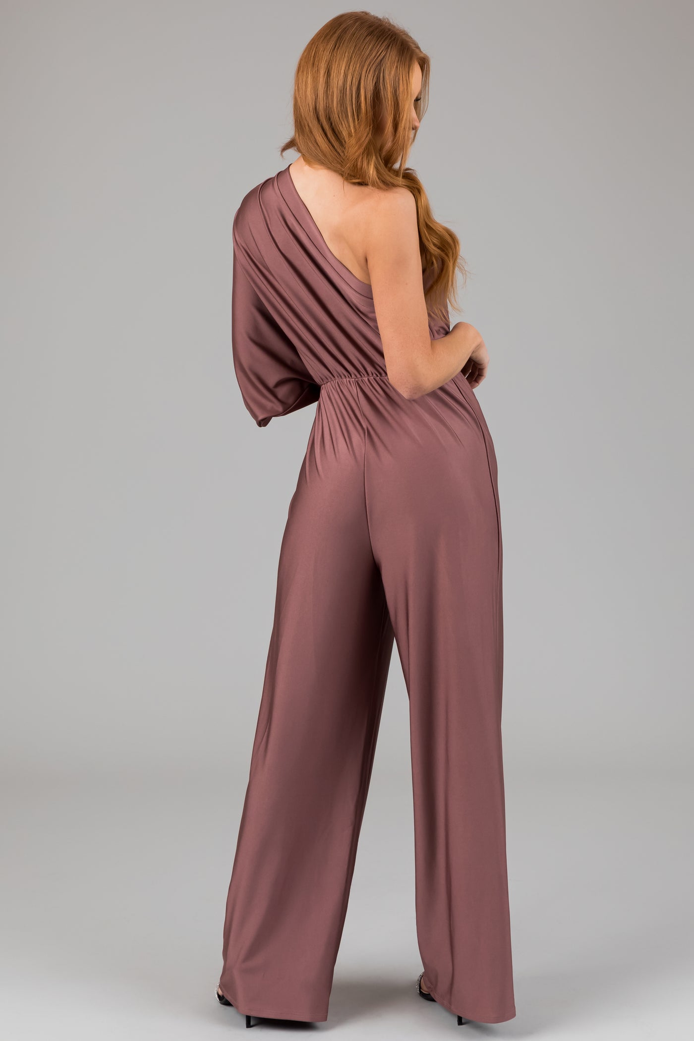 Dusty Rose One Shoulder Elastic Waist Satin Jumpsuit