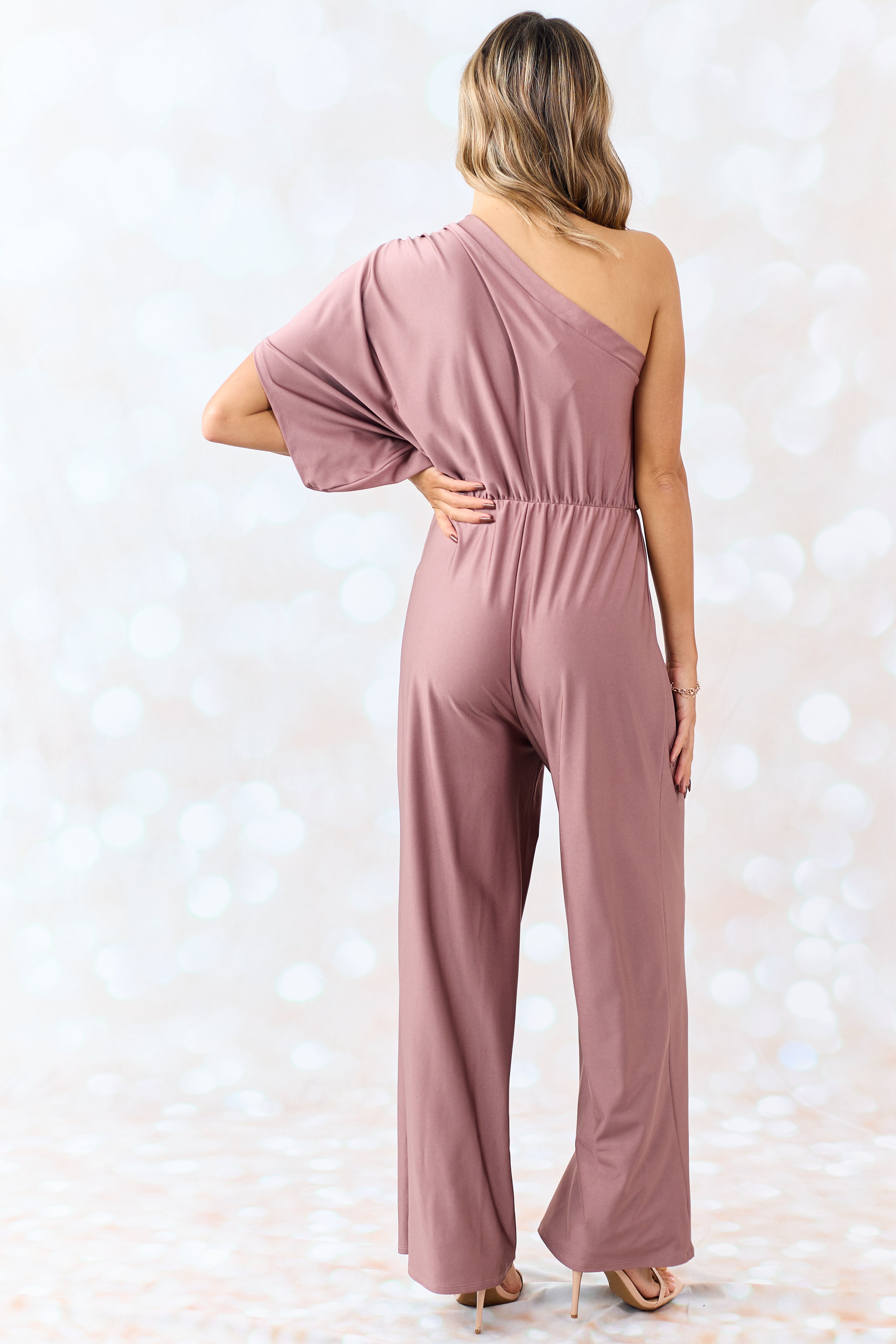 Dusty Rose One Shoulder Elastic Waist Satin Jumpsuit