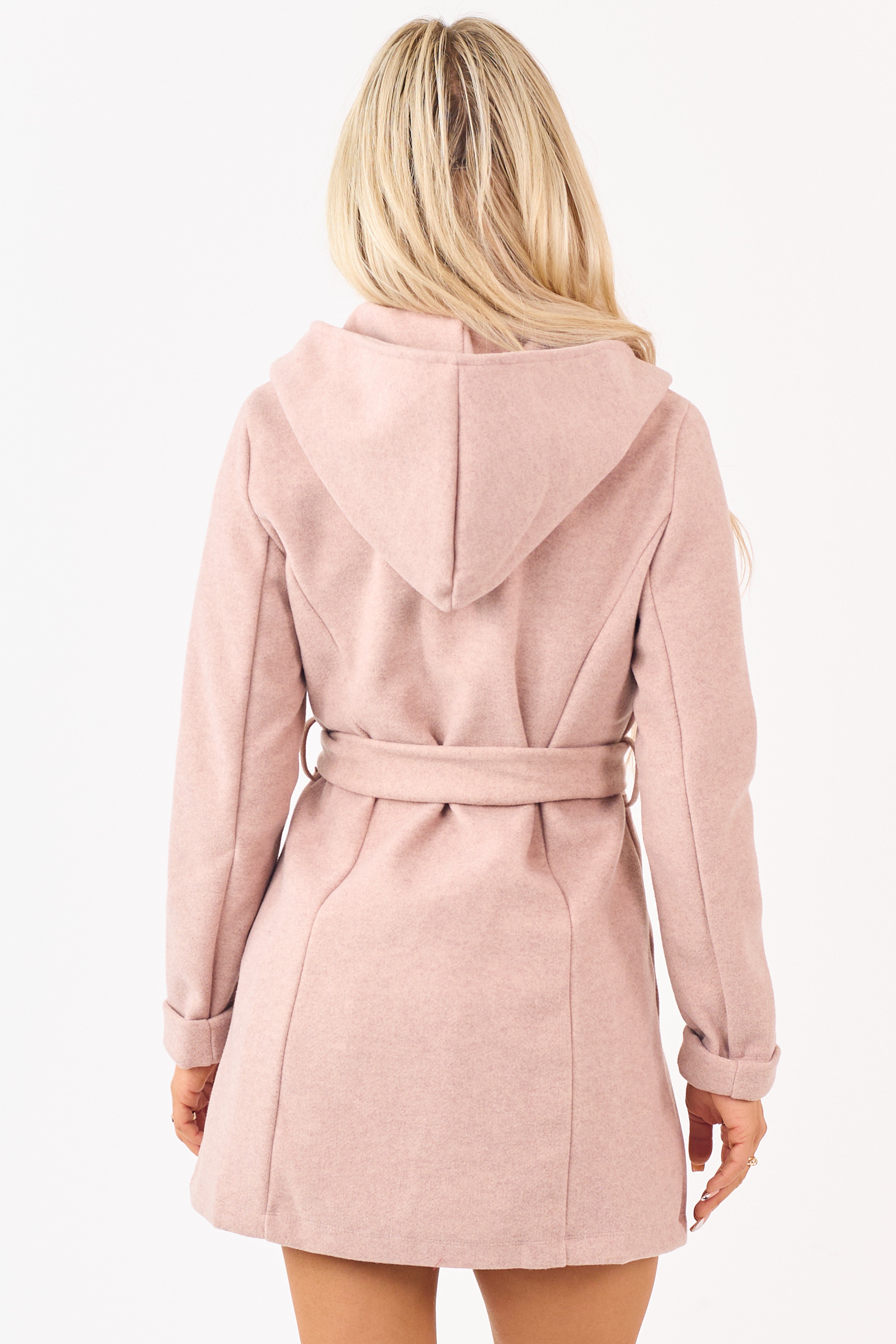 Dusty Rose Open Front Waist Tie Hooded Coat