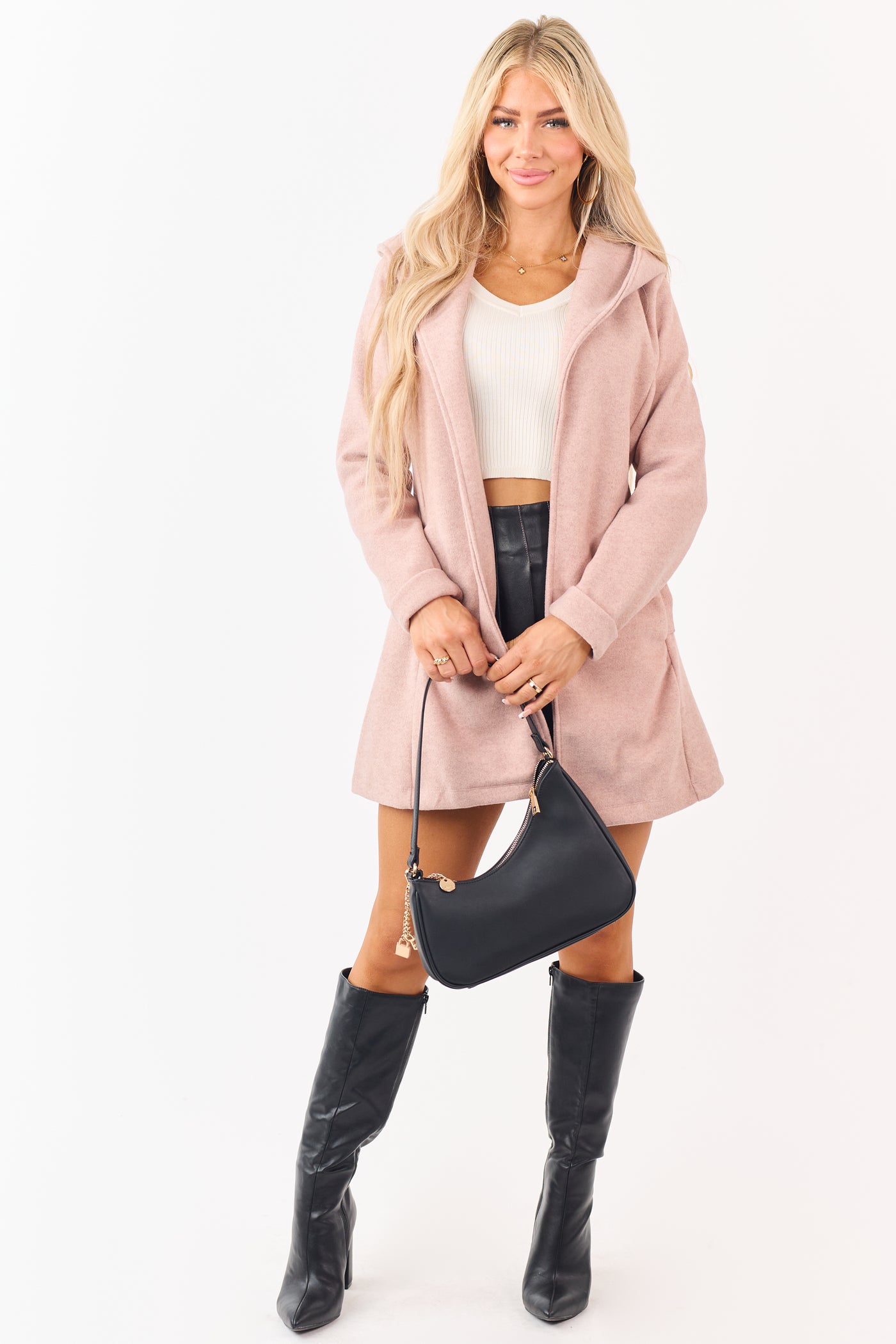 Dusty Rose Open Front Waist Tie Hooded Coat