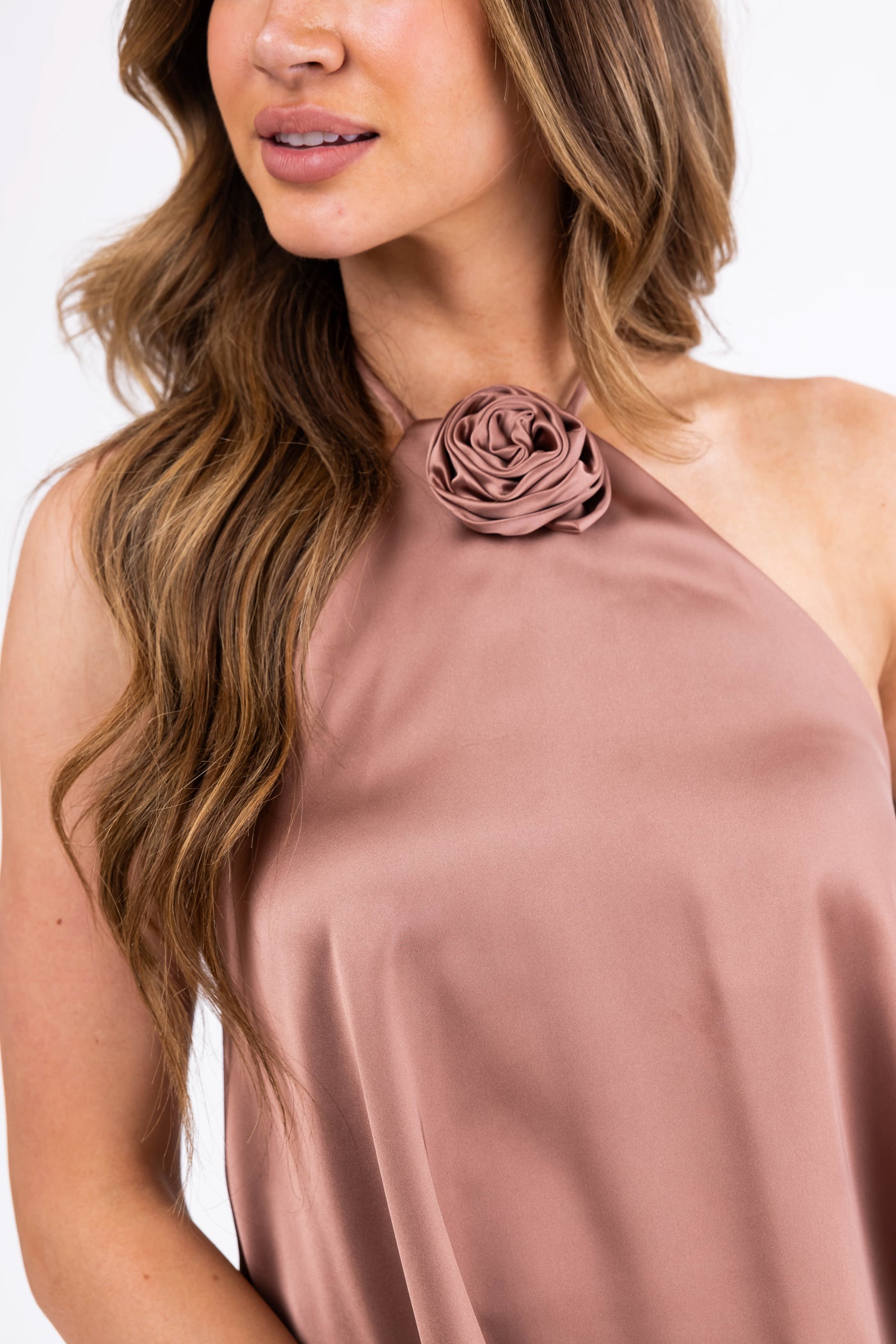 Dusty Rose Satin Halter Tank Top with Rose Accent