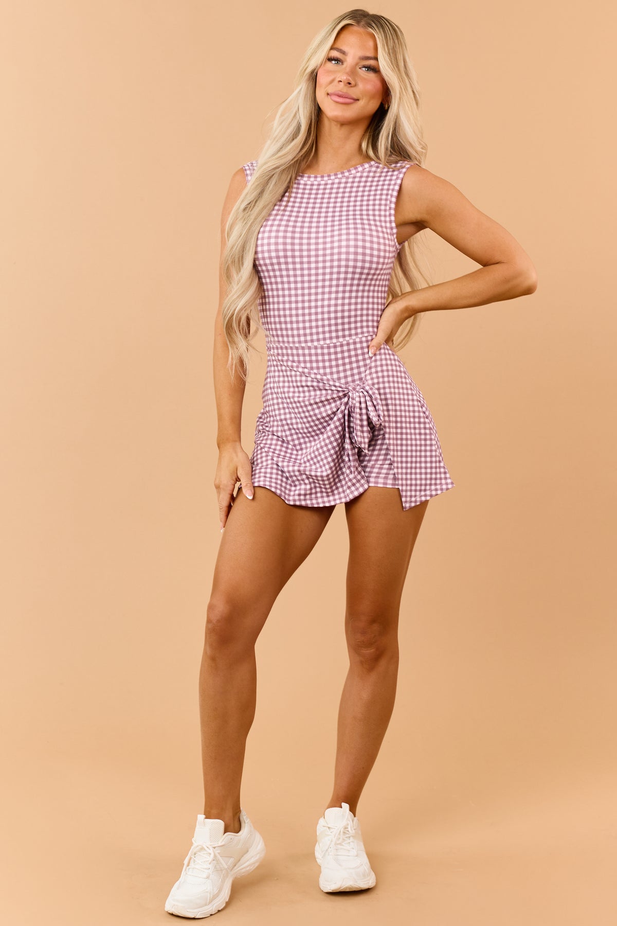 Dusty Rose Scuba Knit Gingham Wrap Skort Romper