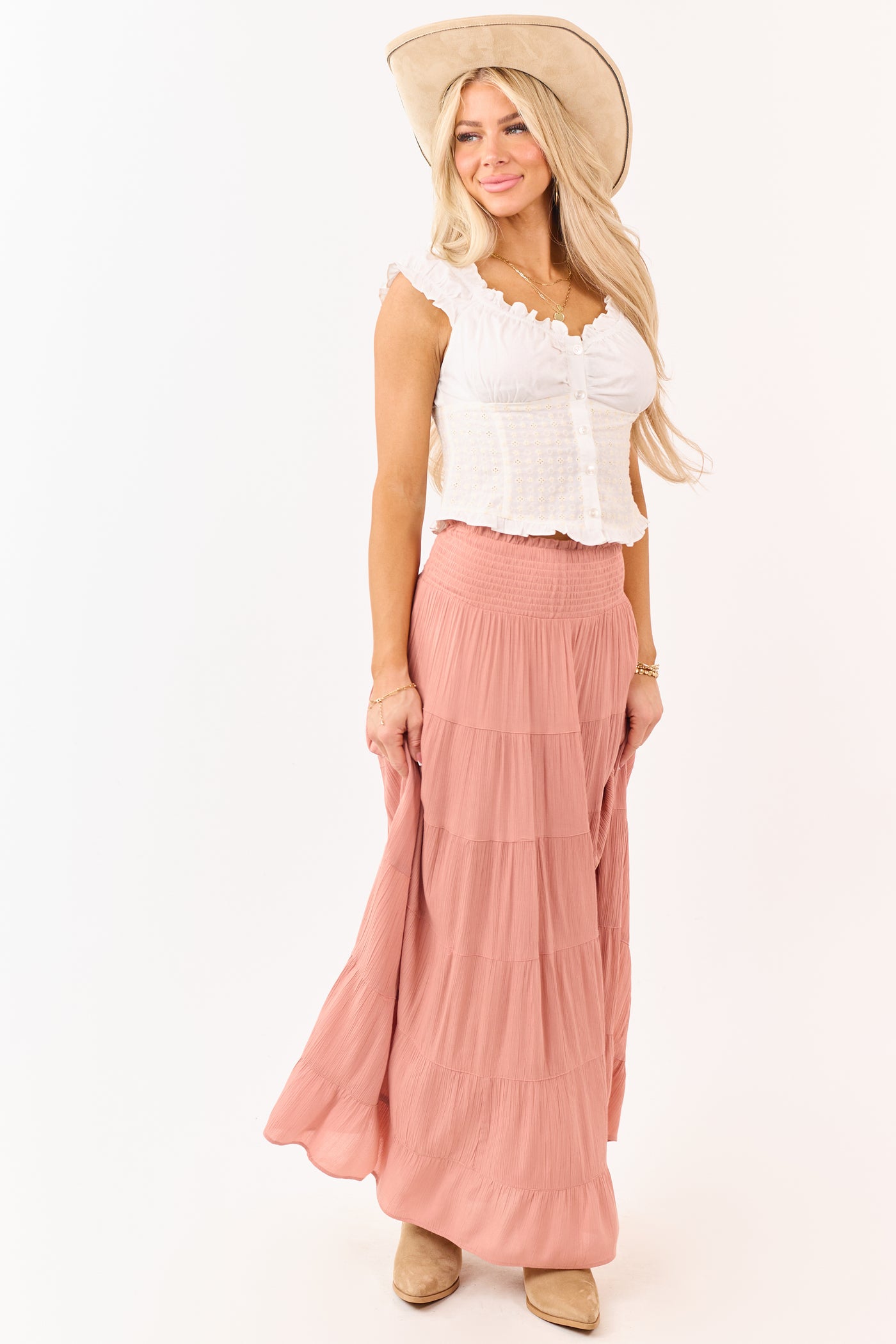 Dusty Rose Smocked Waist Tiered Maxi Skirt