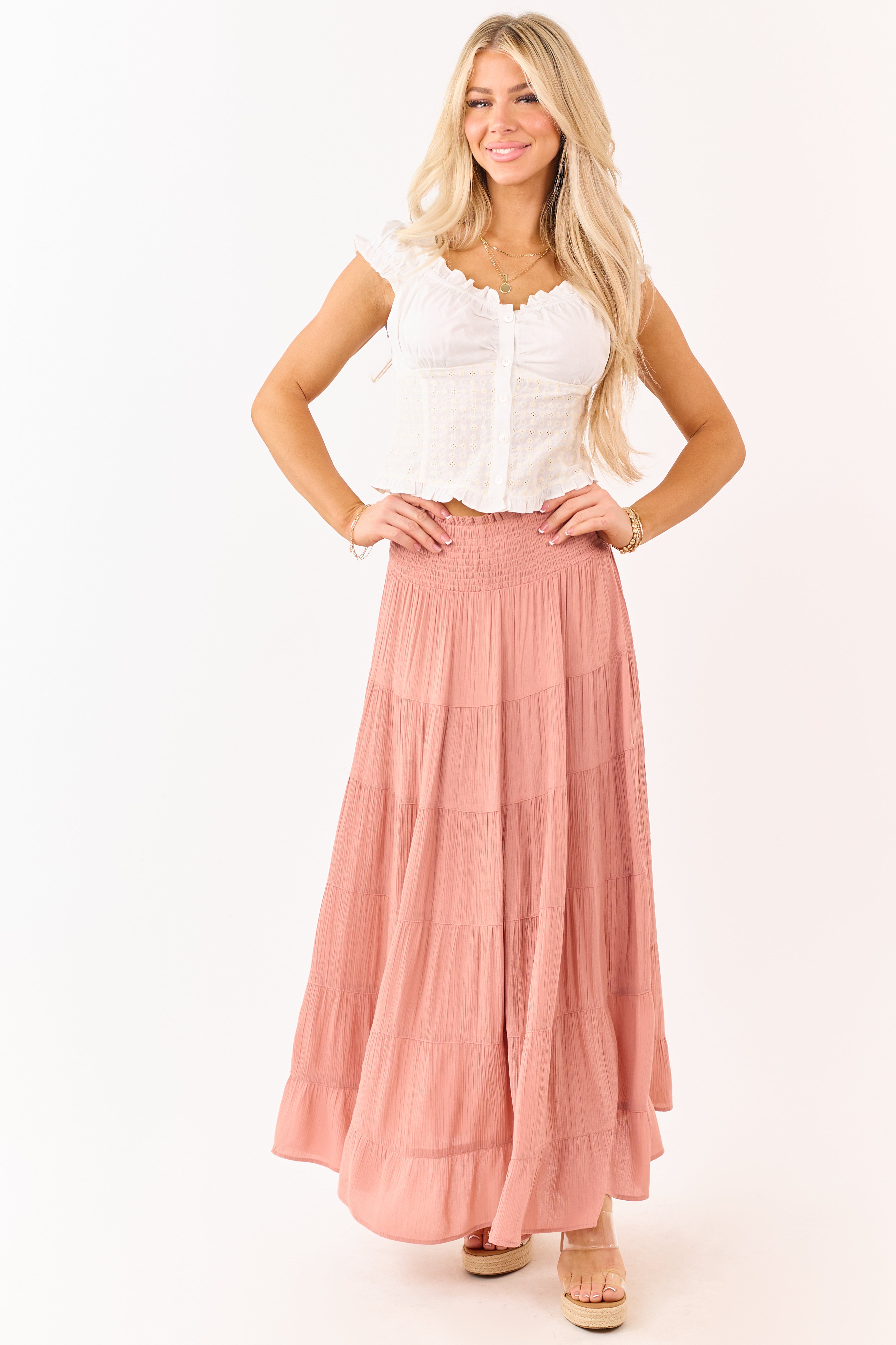 Dusty Rose Smocked Waist Tiered Maxi Skirt