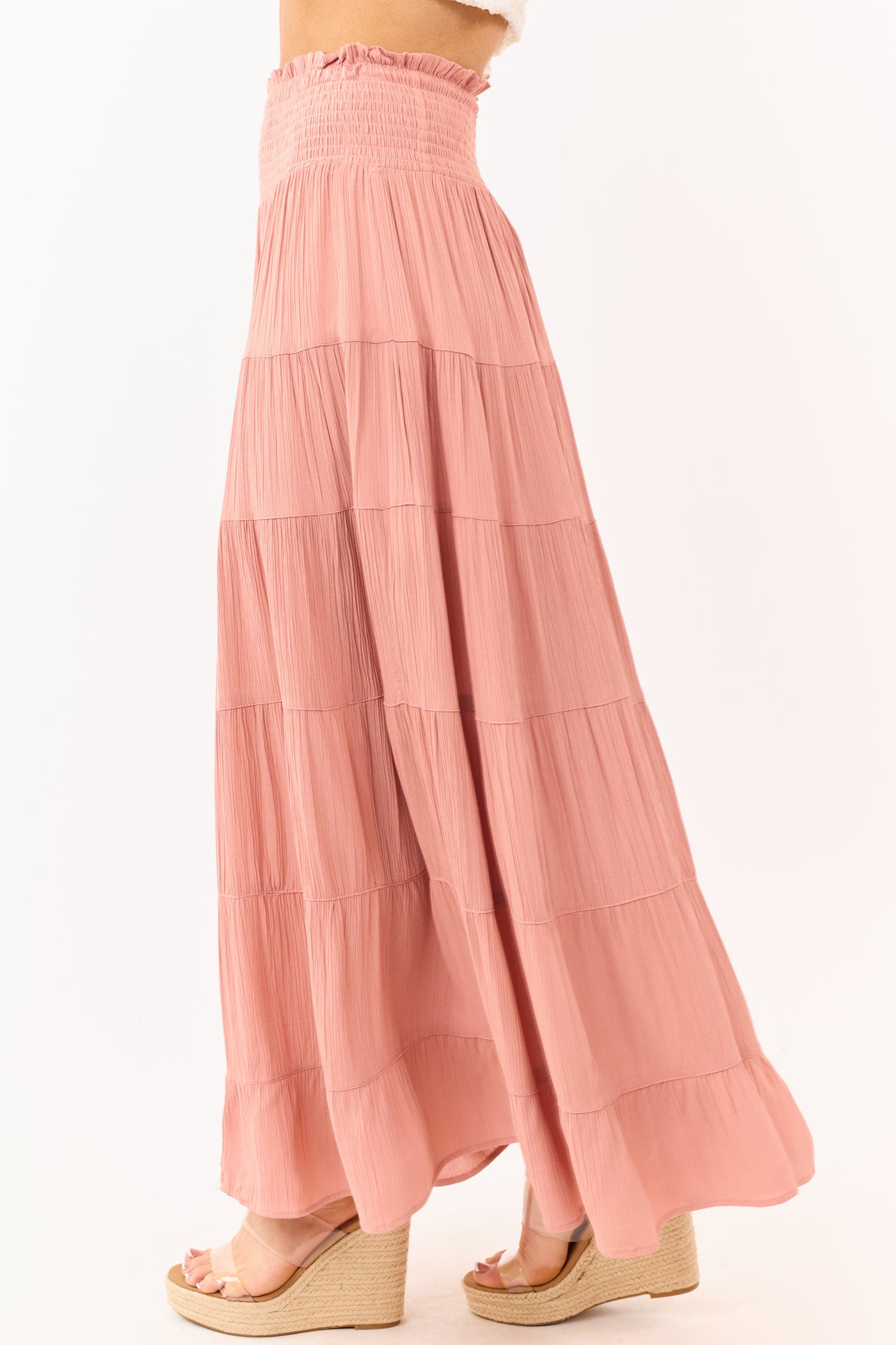 Dusty Rose Smocked Waist Tiered Maxi Skirt