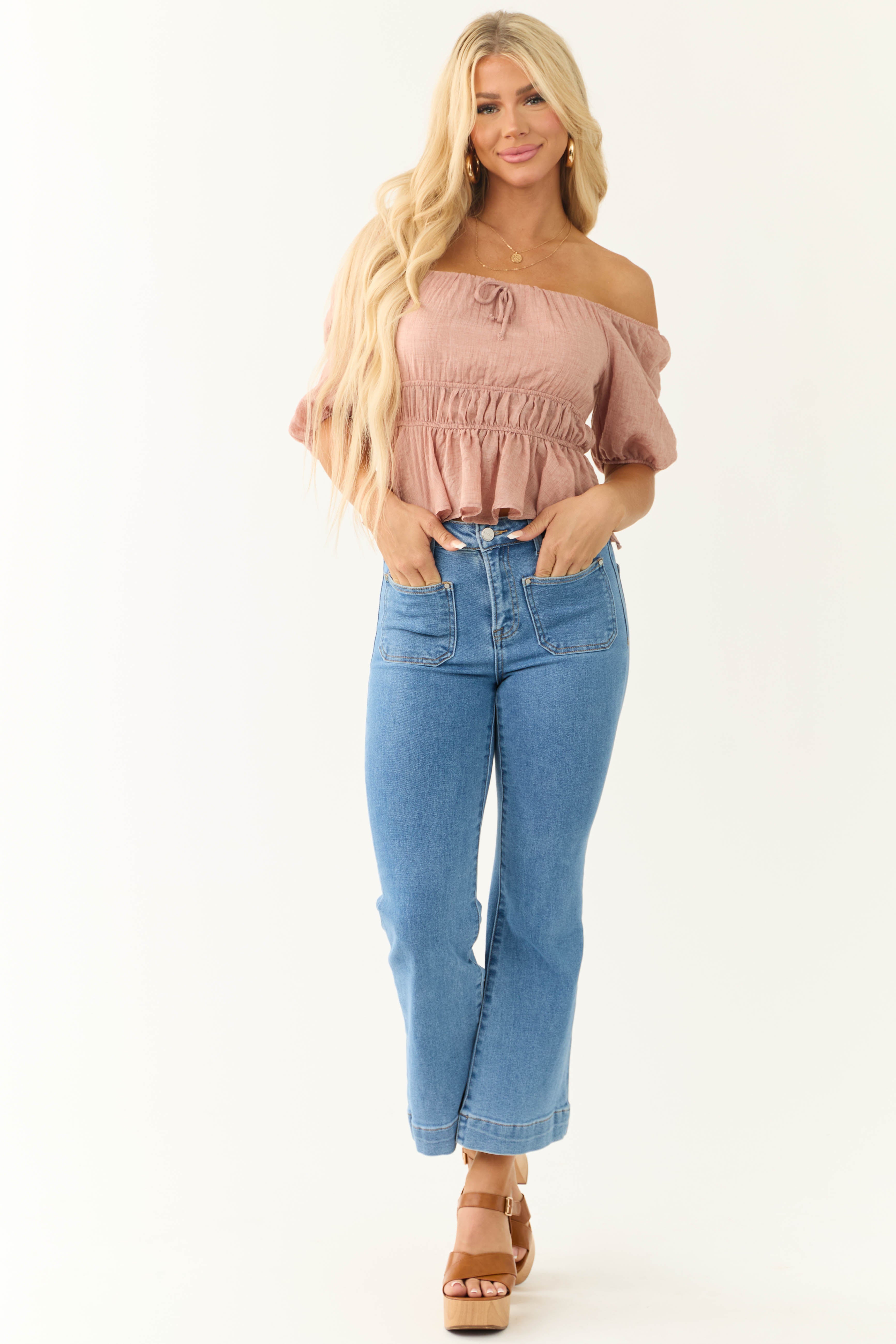 Dusty Rose Square Neck Peplum Blouse