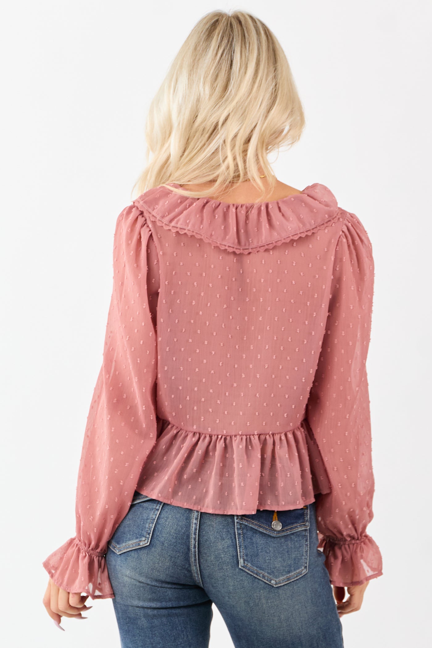 Dusty Rose Swiss Dot Long Sleeve Peplum Blouse
