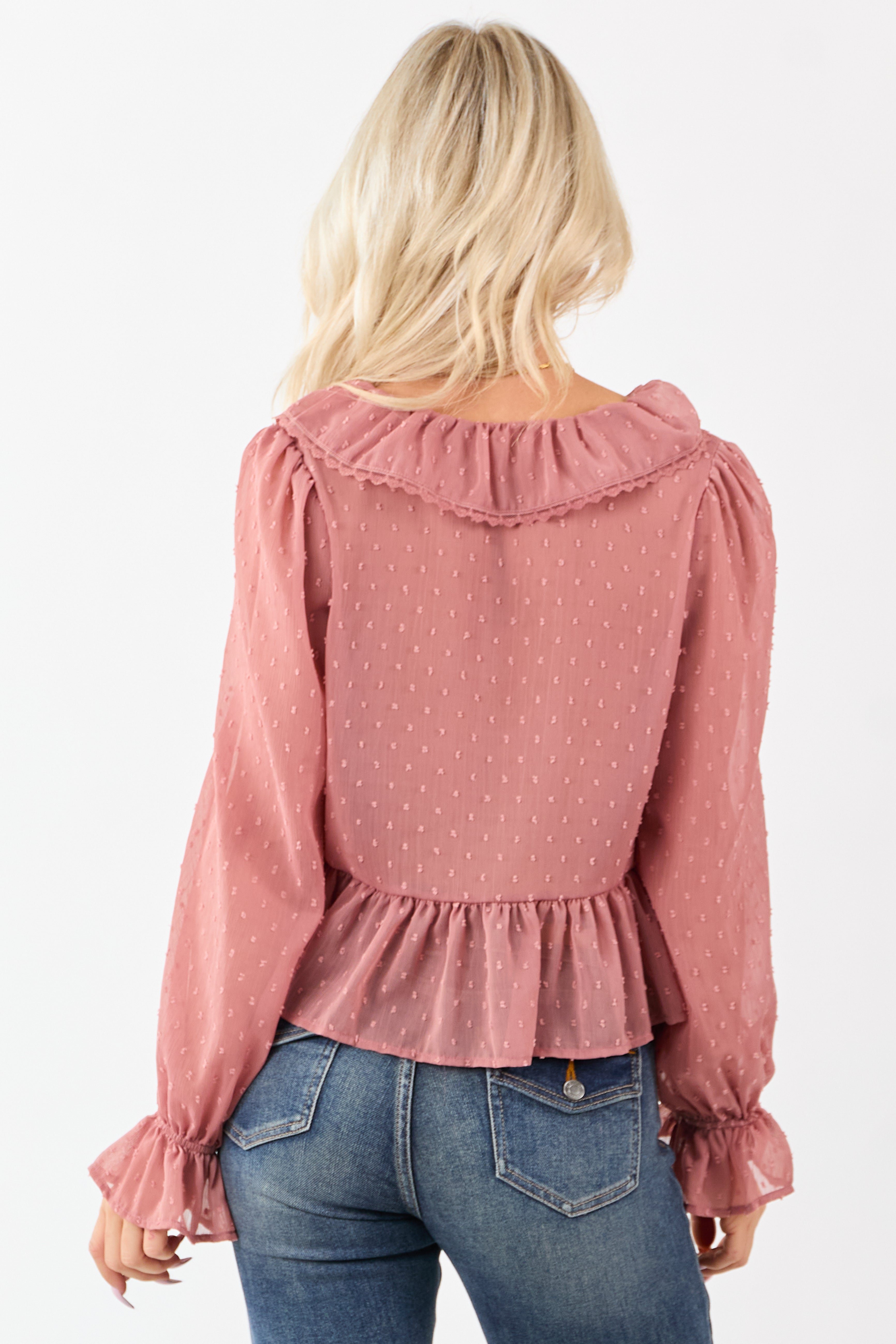 Dusty Rose Swiss Dot Long Sleeve Peplum Blouse