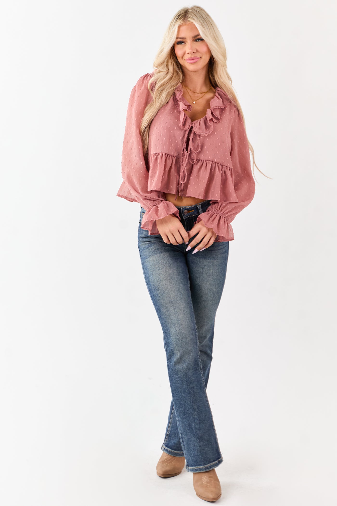 Dusty Rose Swiss Dot Long Sleeve Peplum Blouse