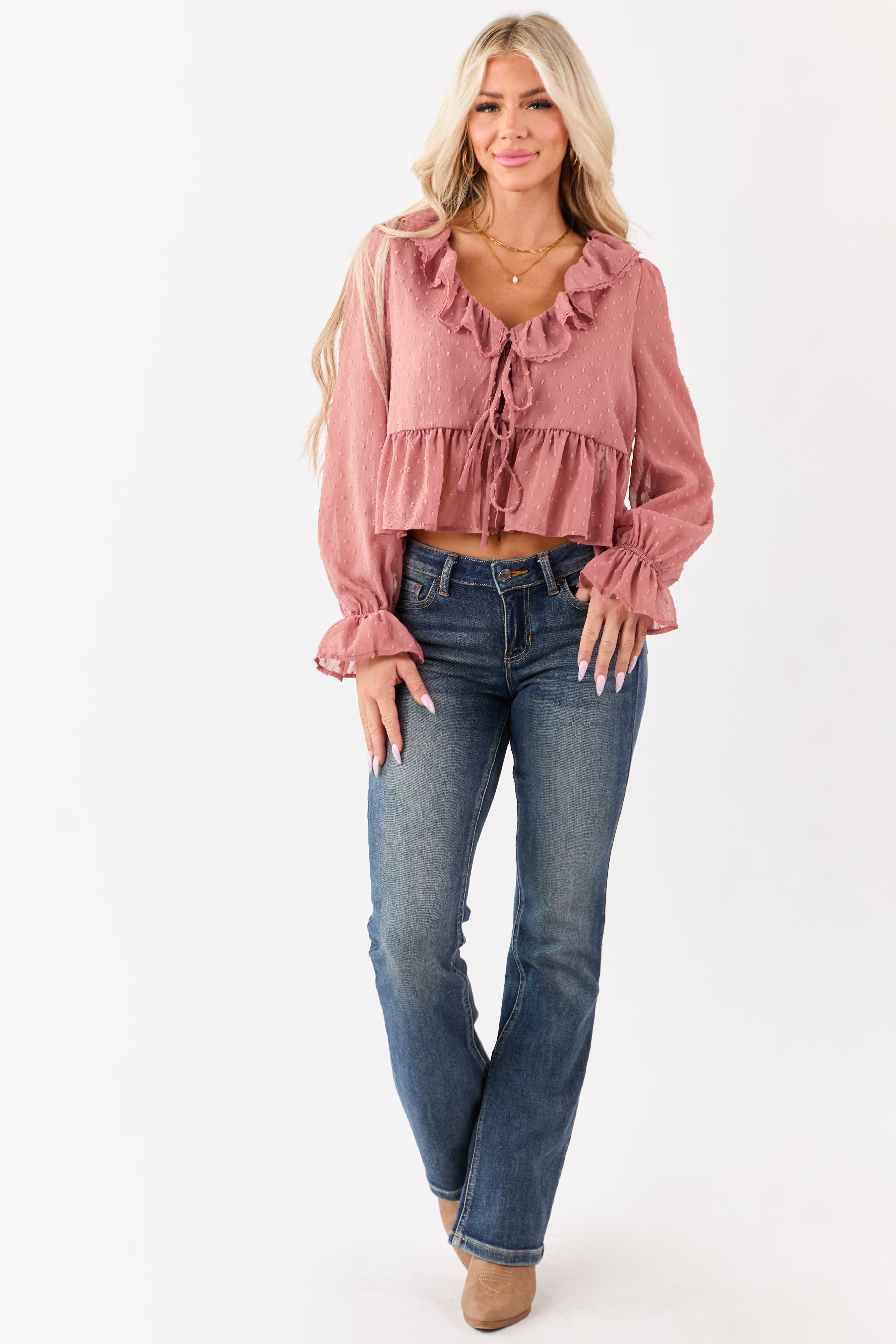 Dusty Rose Swiss Dot Long Sleeve Peplum Blouse | Lime Lush Boutique