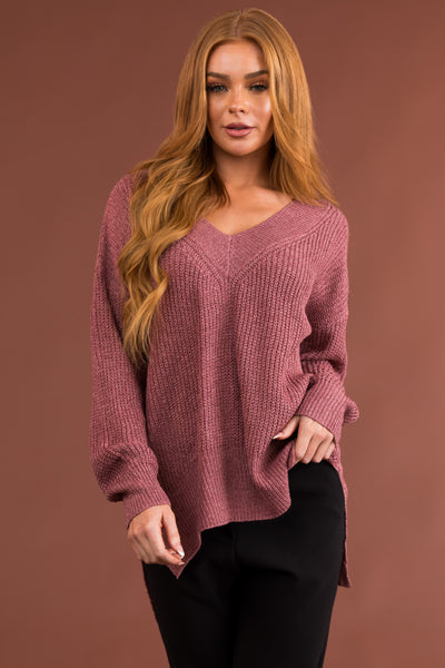Dusty Rose V Neck High Low Sweater