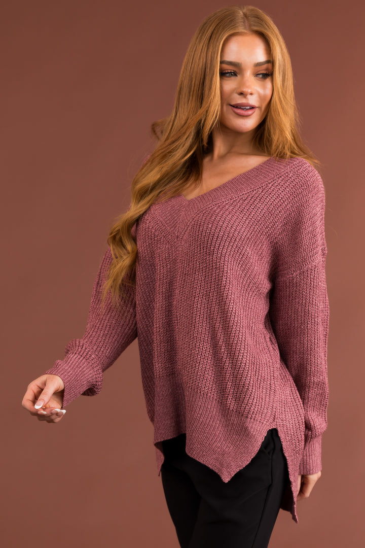 Dusty Rose V Neck High Low Sweater
