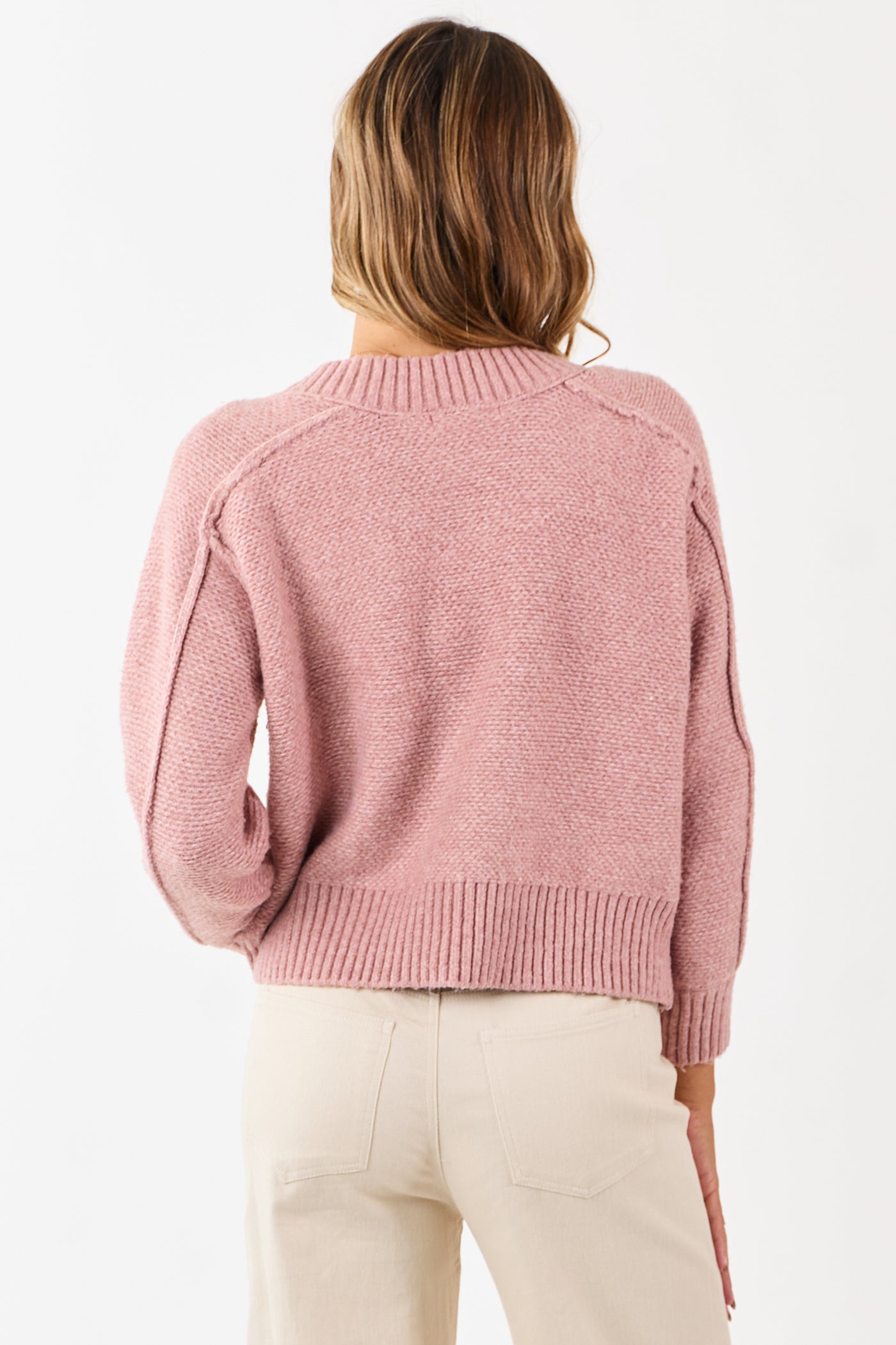Dusty Rose V-Neck Ribbed Trim Relaxed Sweater