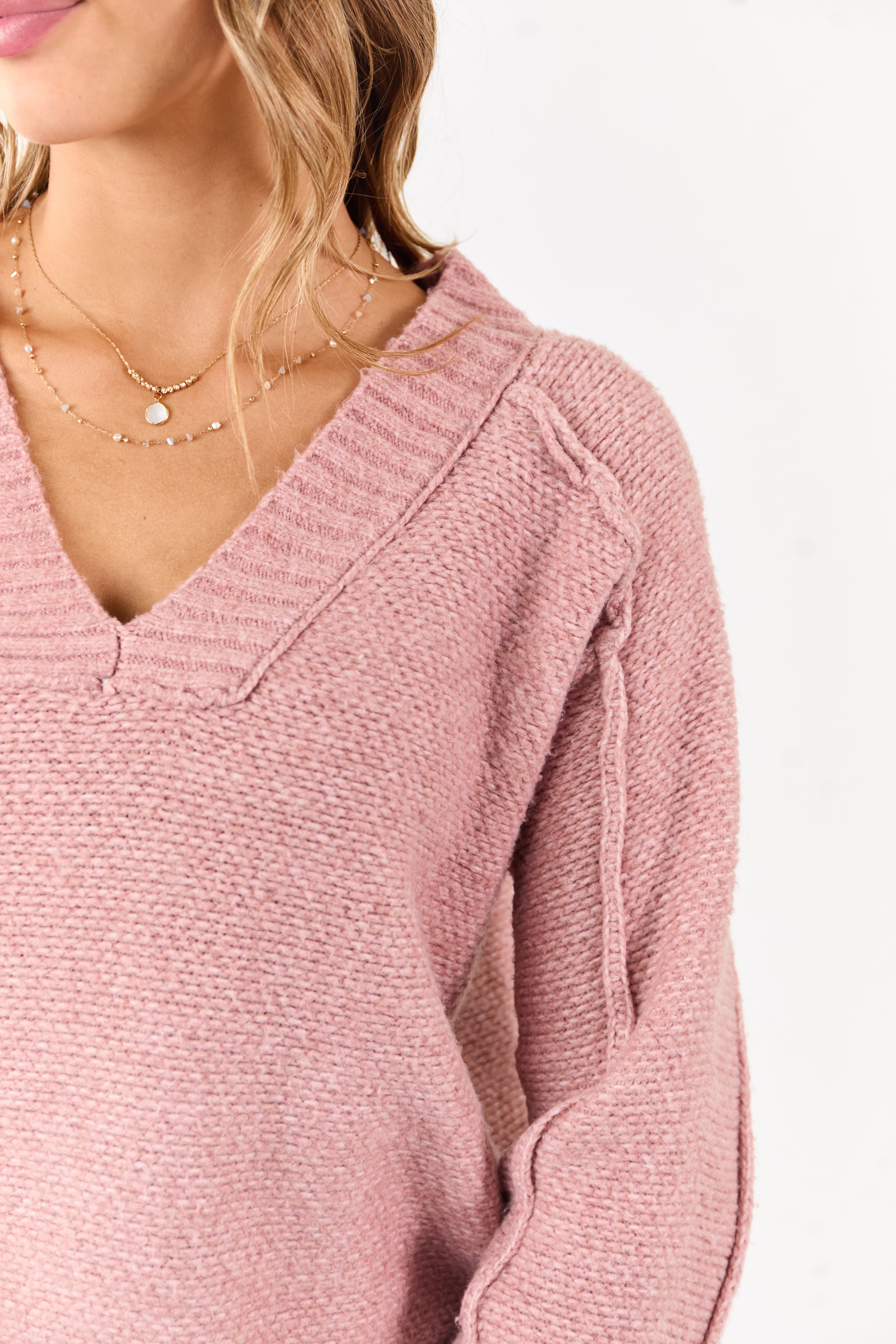 Dusty Rose V-Neck Ribbed Trim Relaxed Sweater | Lime Lush Boutique