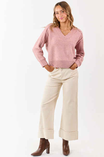 Dusty Rose V-Neck Ribbed Trim Relaxed Sweater