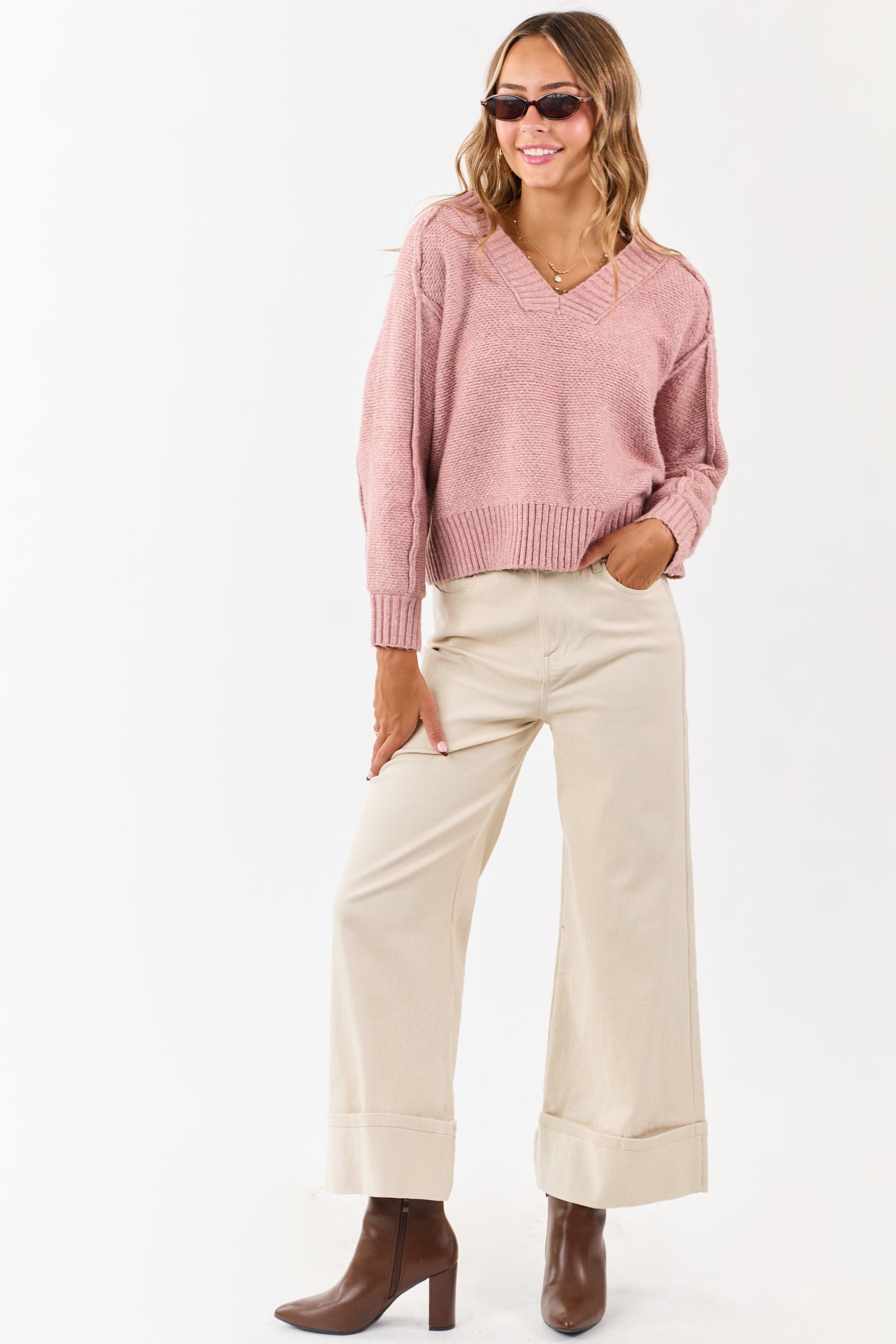 Dusty Rose V-Neck Ribbed Trim Relaxed Sweater