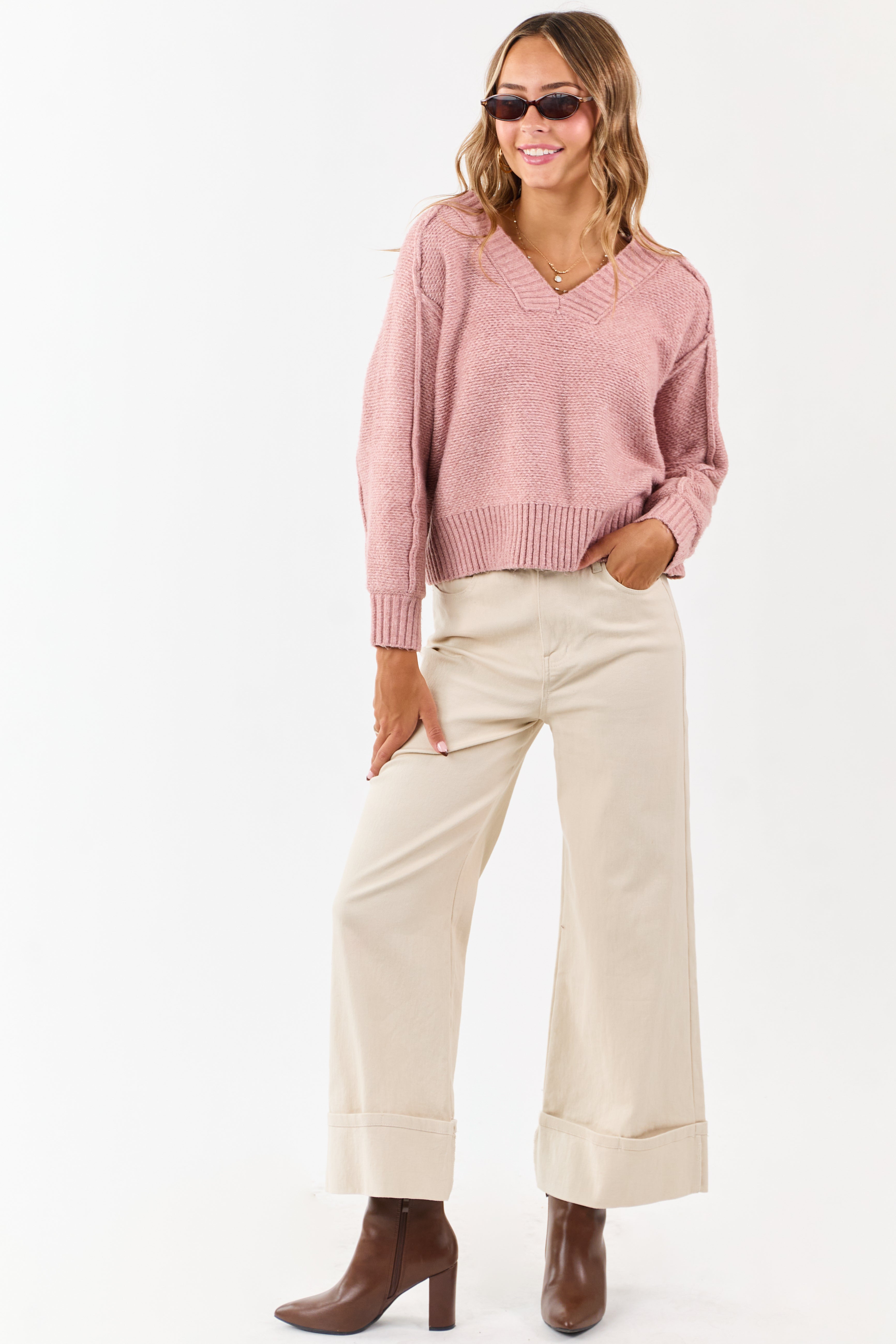 Dusty Rose V-Neck Ribbed Trim Relaxed Sweater