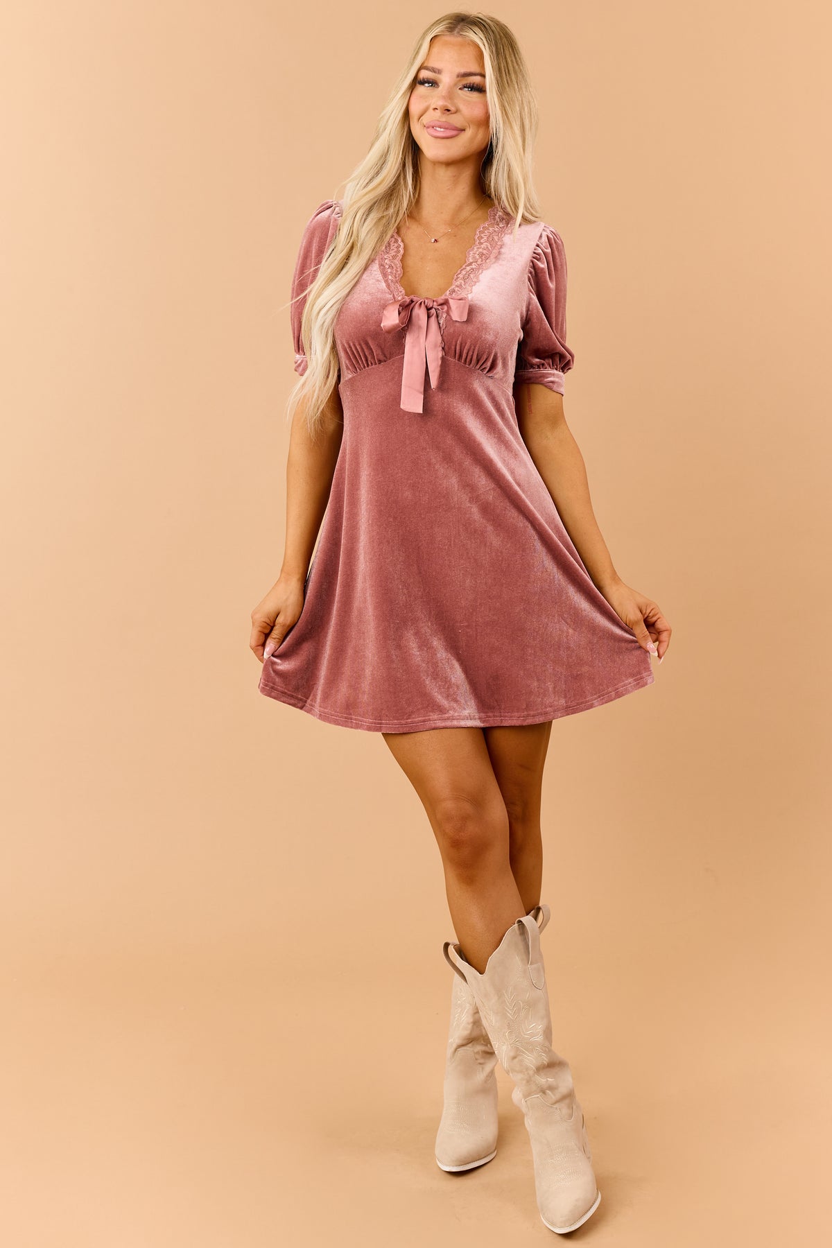 Dusty Rose Velvet Lace Trim V-Neck Mini Dress