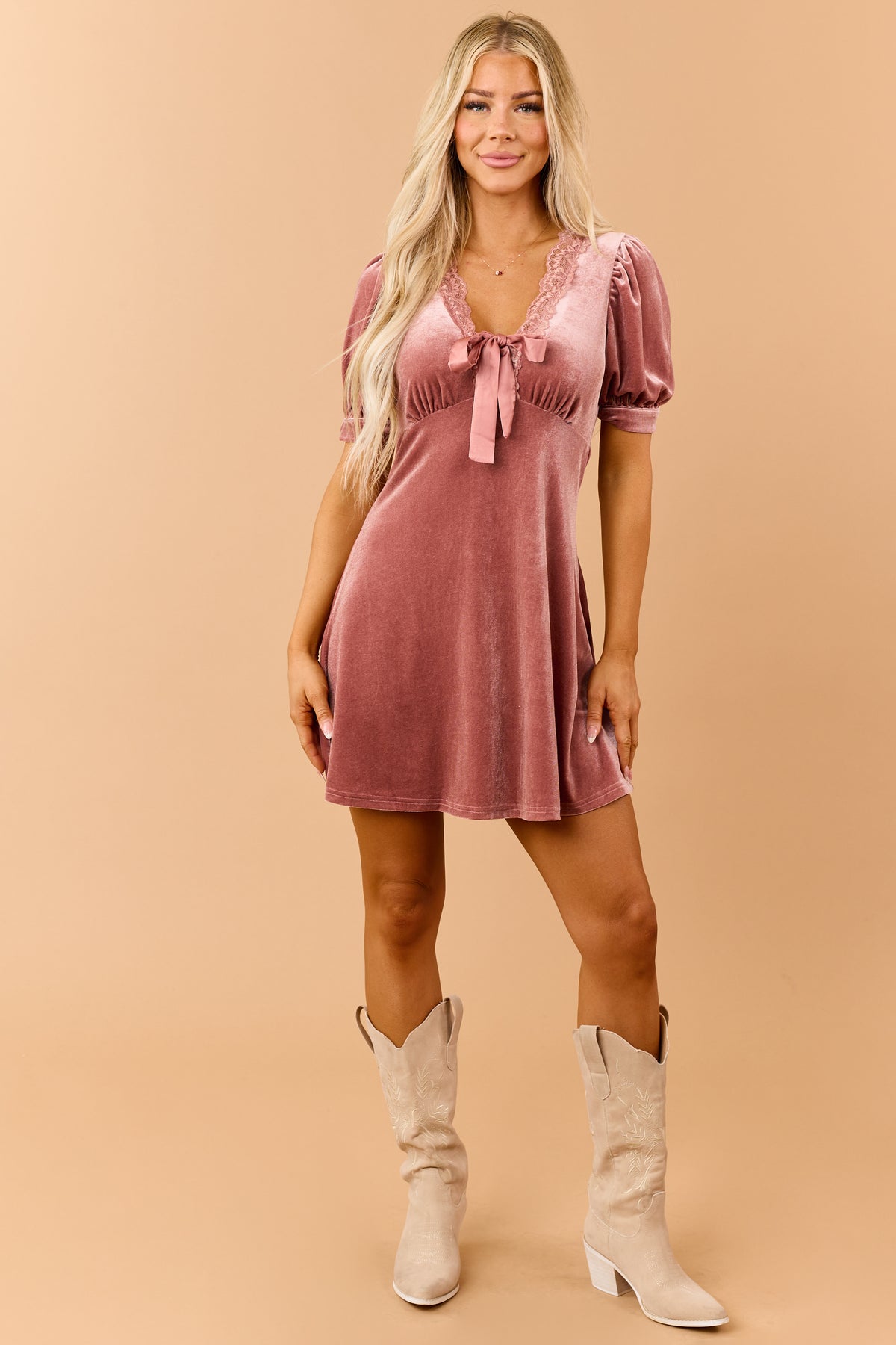 Dusty Rose Velvet Lace Trim V-Neck Mini Dress