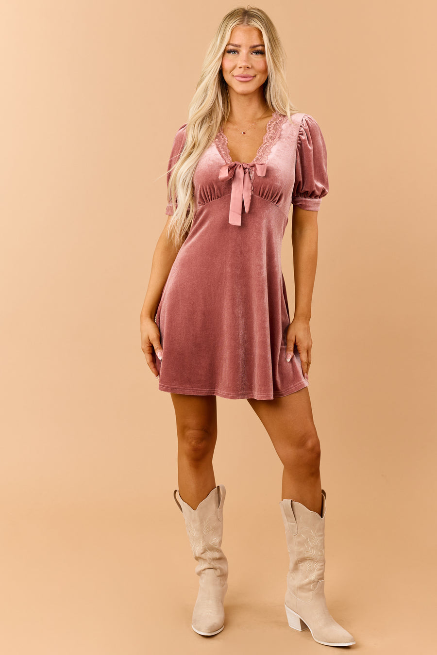 Dusty Rose Velvet Lace Trim V-Neck Mini Dress
