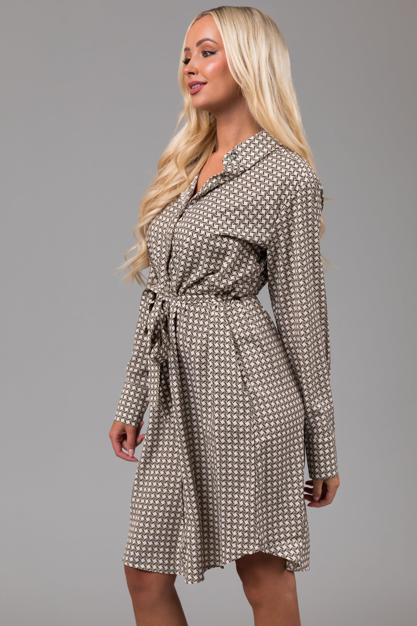 Dusty Sage Collared Button Down Belted Dress