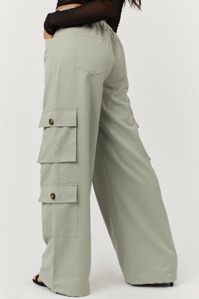 Dusty Sage High Rise Drawstring Wide Leg Cargo Pants