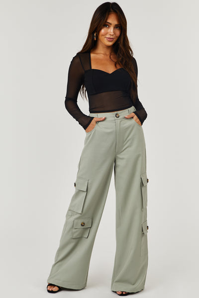 Dusty Sage High Rise Drawstring Wide Leg Cargo Pants