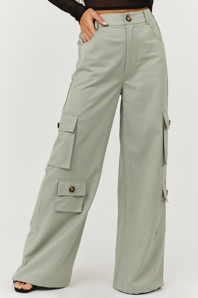 Dusty Sage High Rise Drawstring Wide Leg Cargo Pants