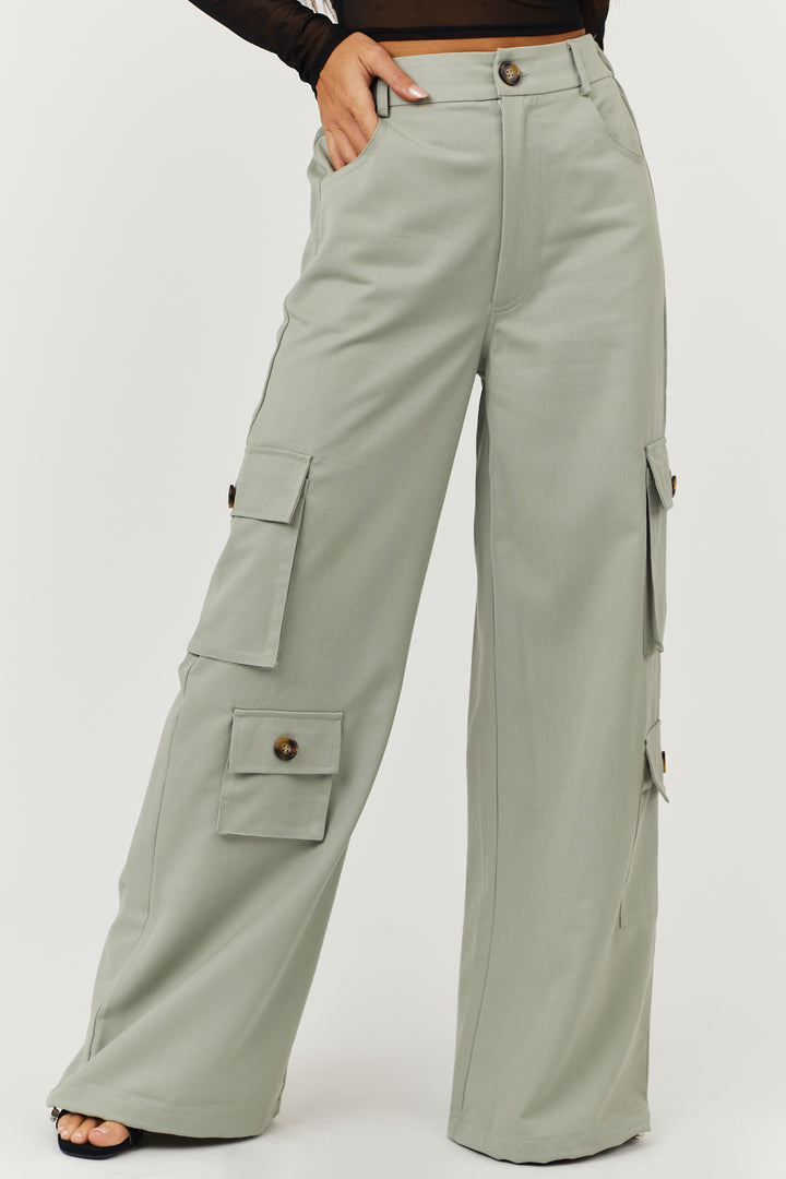 Dusty Sage High Rise Drawstring Wide Leg Cargo Pants