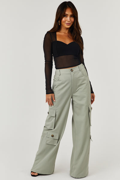 Dusty Sage High Rise Drawstring Wide Leg Cargo Pants