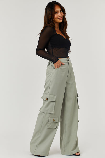 Dusty Sage High Rise Drawstring Wide Leg Cargo Pants