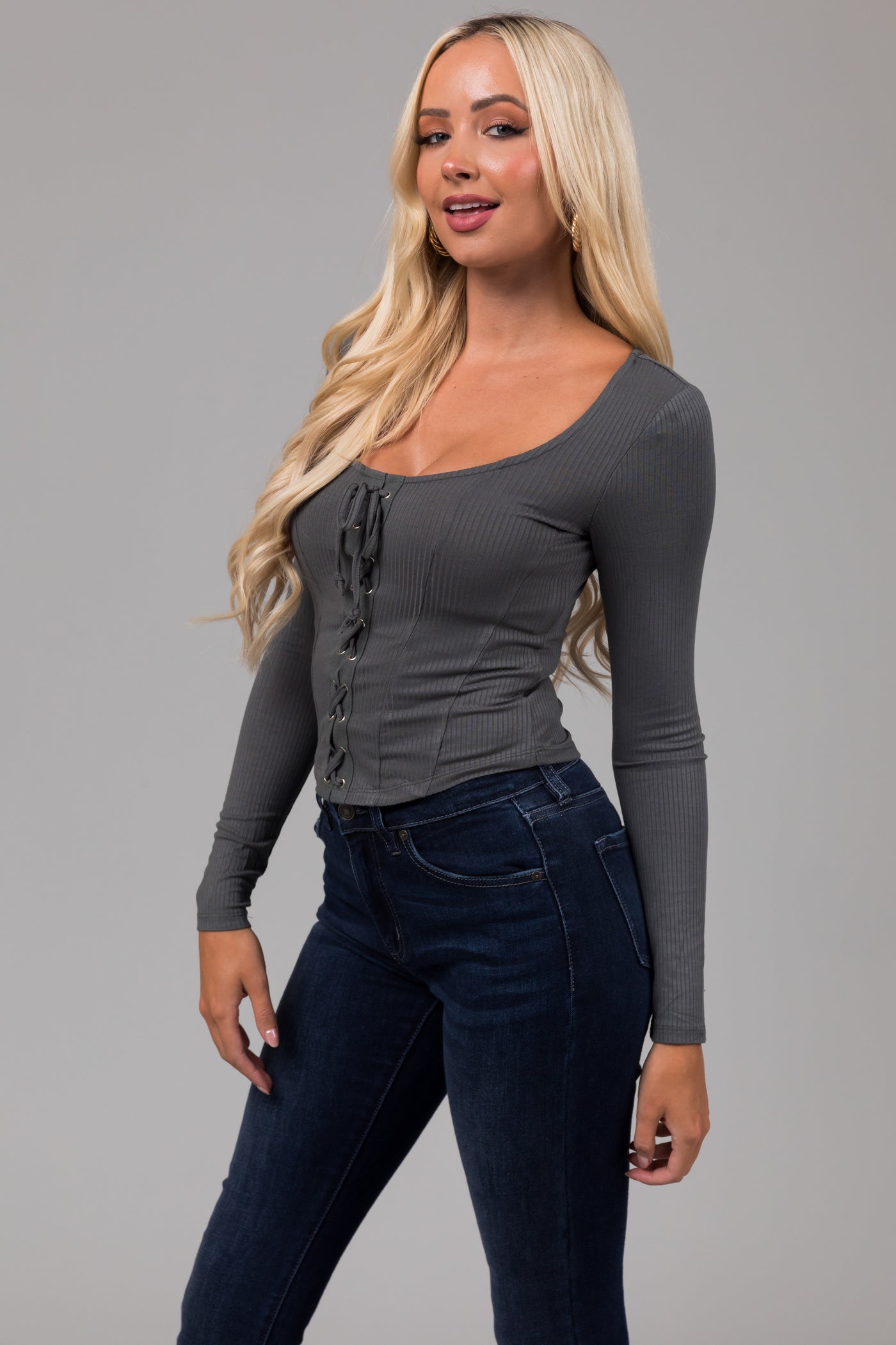 Dusty Sage Lace Up Ribbed Knit Corset Top