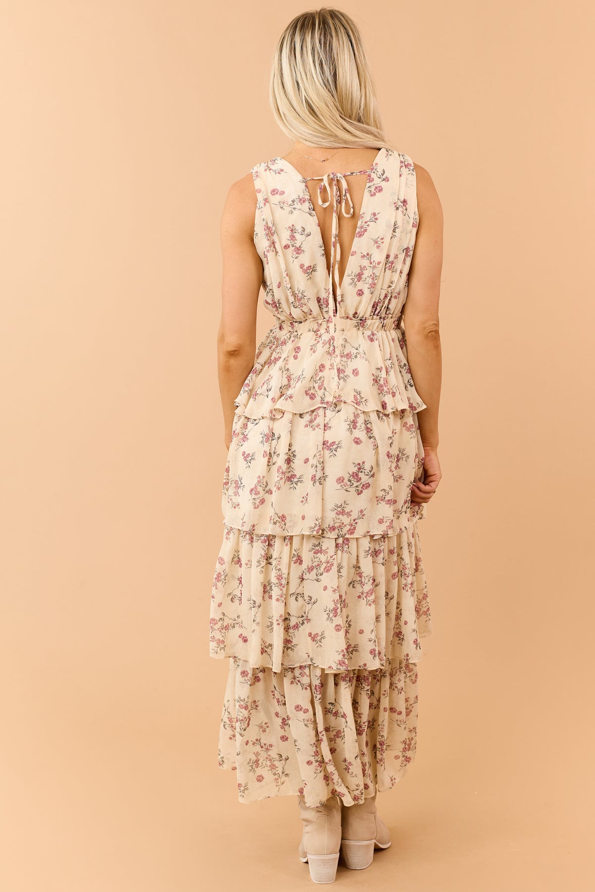 Dusty Sand Floral Tiered Chiffon V-Neck Maxi Dress