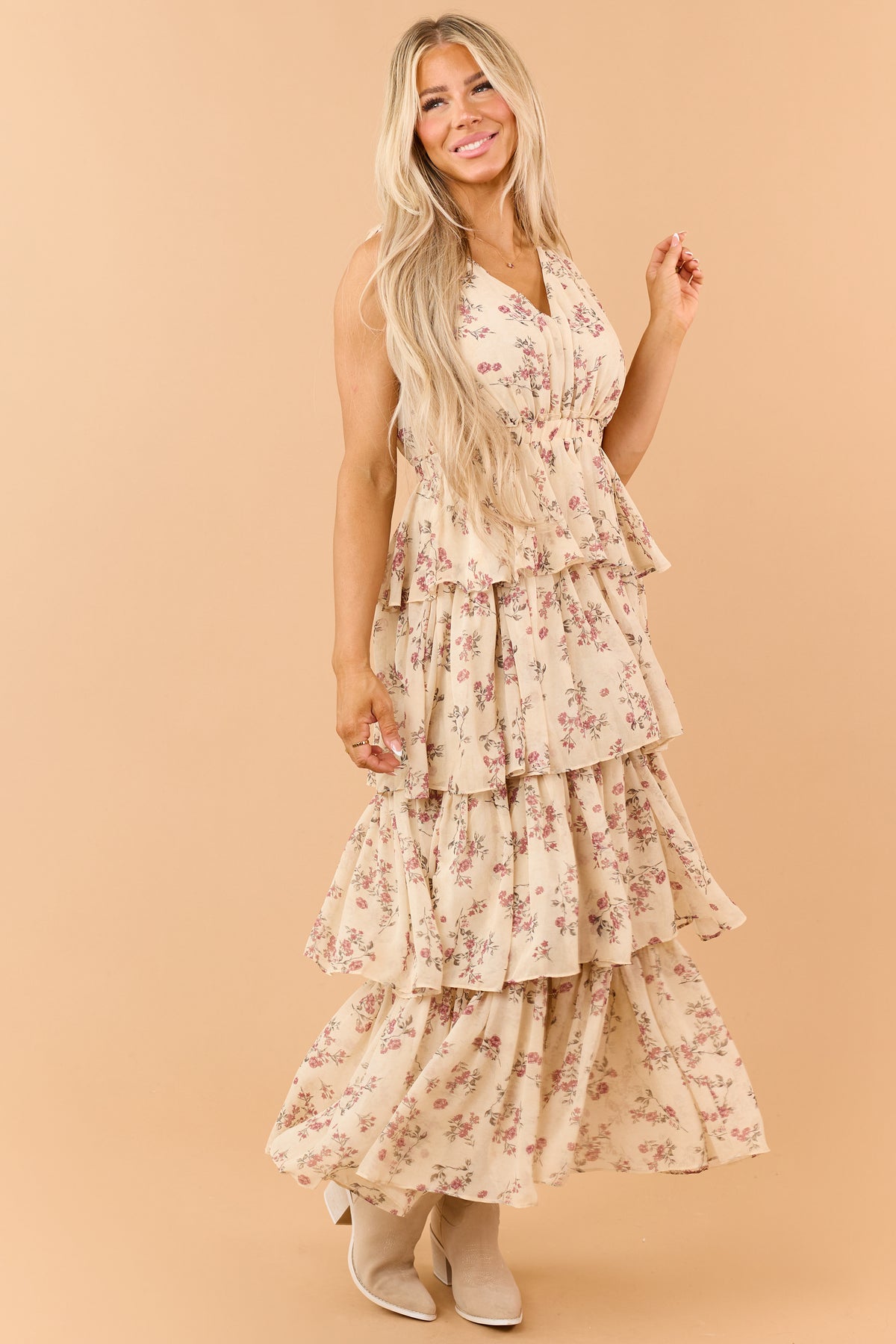 Dusty Sand Floral Tiered Chiffon V-Neck Maxi Dress