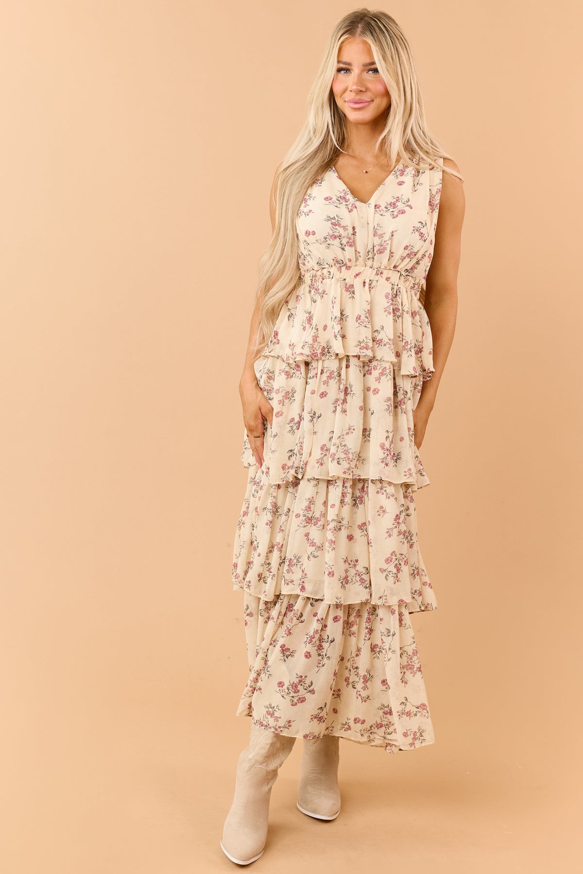 Dusty Sand Floral Tiered Chiffon V-Neck Maxi Dress