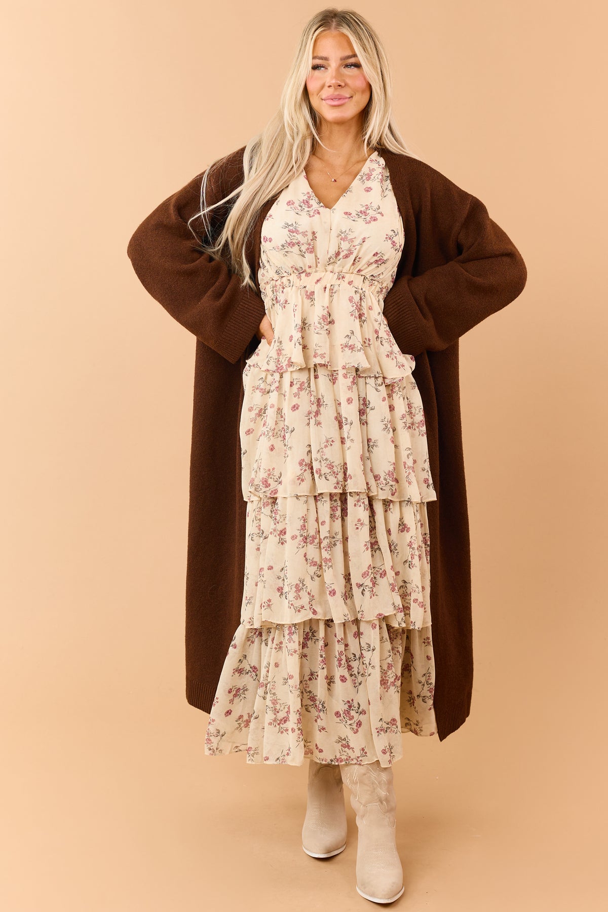 Dusty Sand Floral Tiered Chiffon V-Neck Maxi Dress