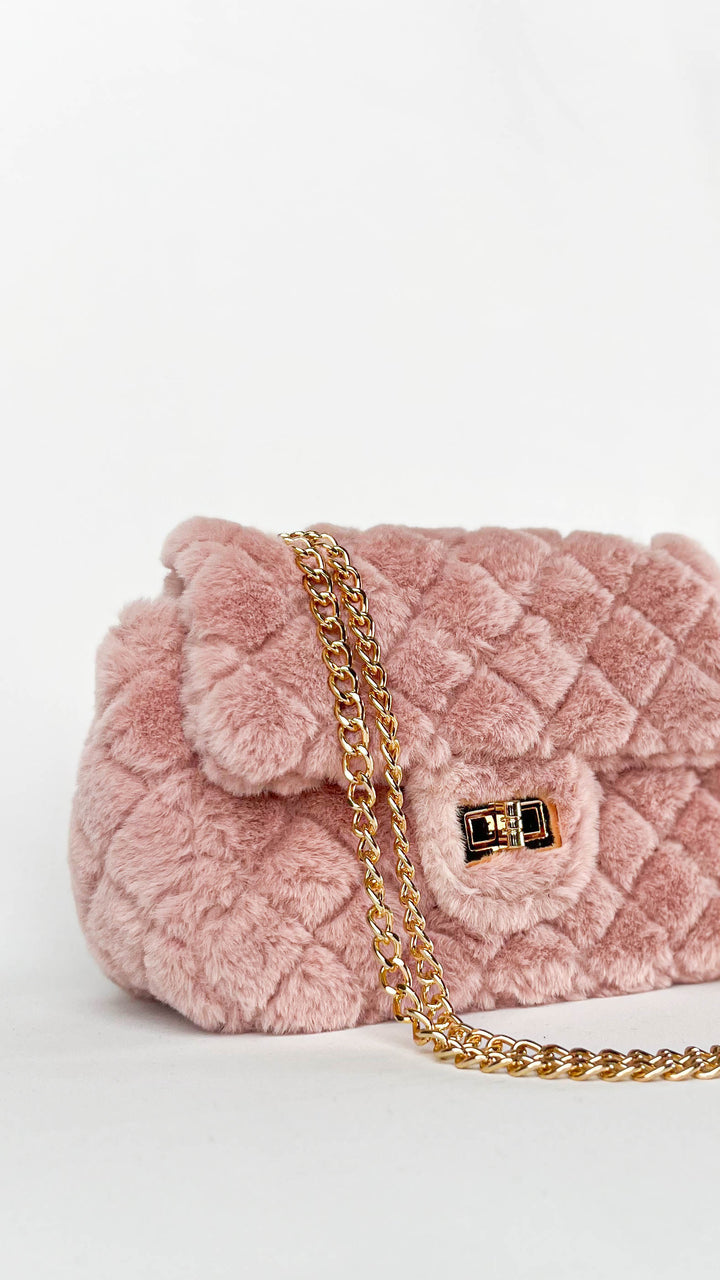 Dusty Blush Faux Fur Quilted Chain Strap Purse